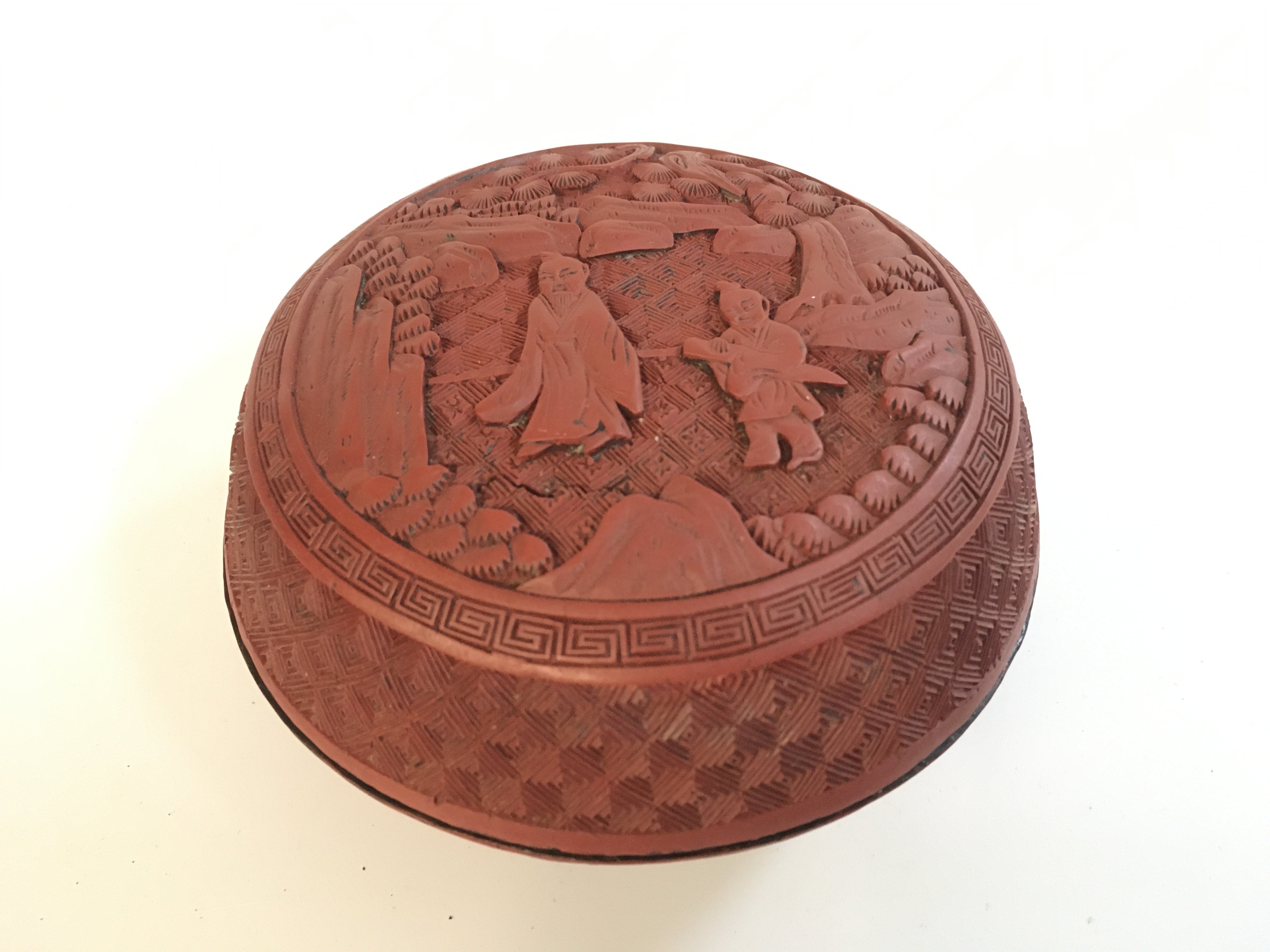 A Chinese red cinnabar round box . 7cm tall. Postage category A