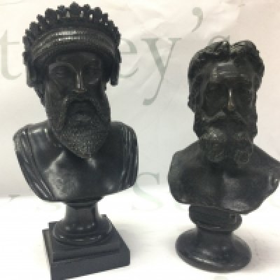 Two bronze busts, greek Zeus and Lord Leighton . 19 & 16cm tall. Postage category B