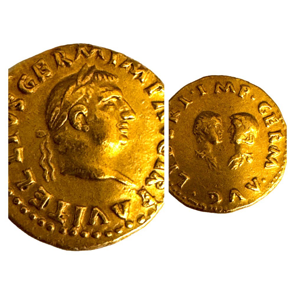 VITELLIUS AND HIS CHILDREN, Gold Aurus. Emperor AD.69. 7.2g, 17mm. Obverse: A VITELLIVS GERM IMP AVG TR P Laureate head right. Reverse: LIBERI IMP GERM AVG Busts of the two children of Vitellius, bare, facing one another, the son on the left, the daughter on the right. Sears Ref. 2232.Extremely fine condition.