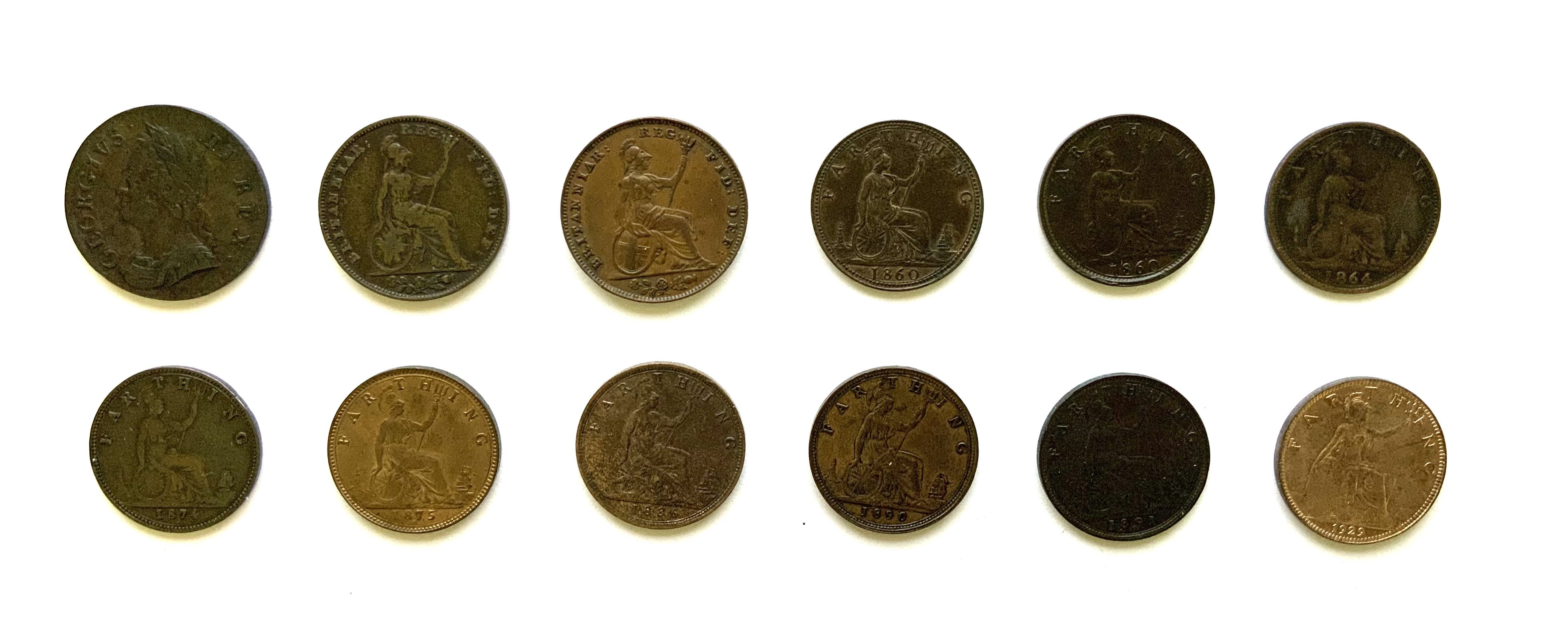 Farthing selection. 1754 George II, 1841 Victoria, 1853 Victoria, 1860 Victoria x 2, 1864 Victoria, 1874 Heaton mint Victoria, 1875 Victoria, 1886 Victoria, 1890 Victoria, 1891 Victoria, 1929 George V.