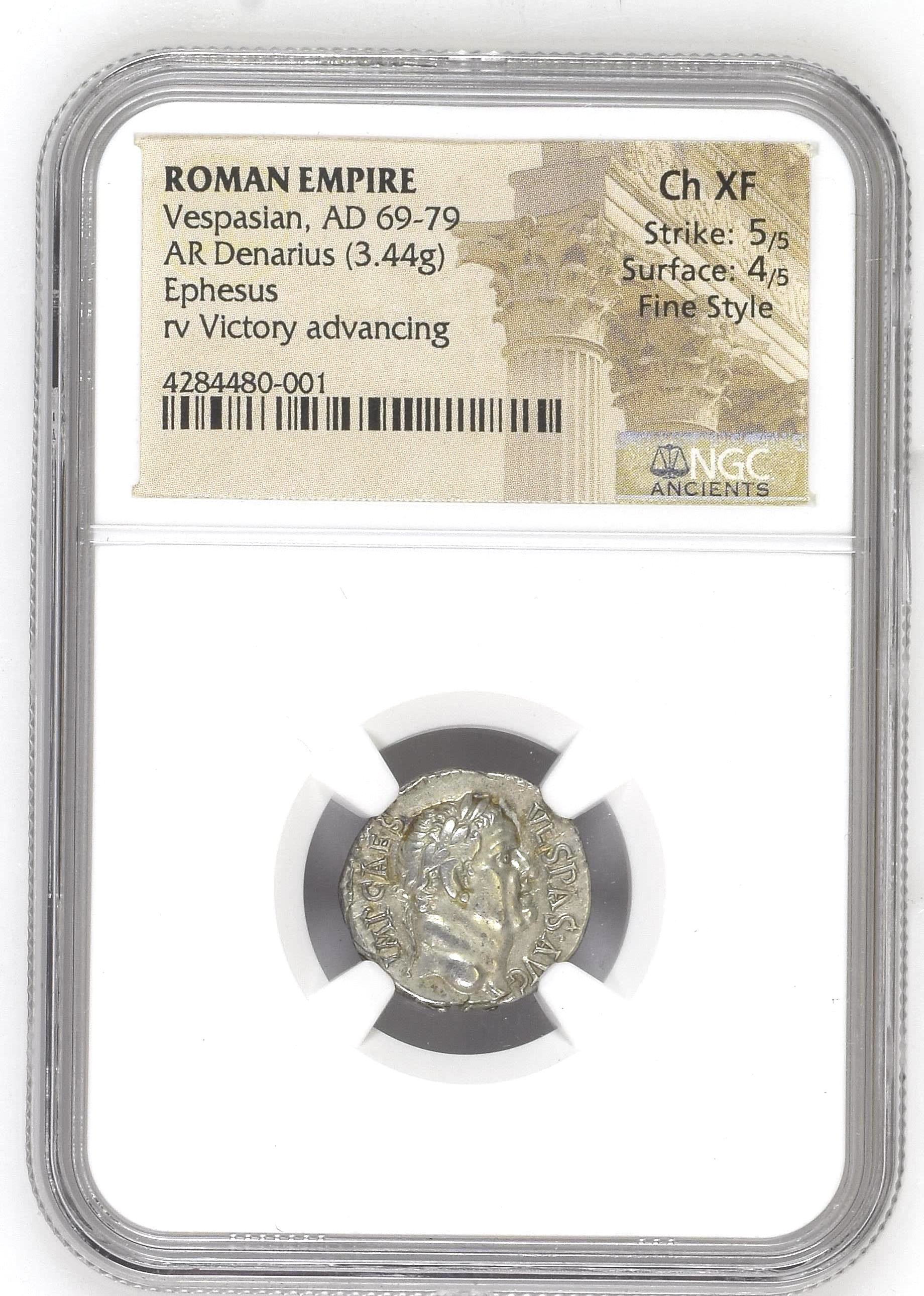 Vespasian, AD 69-79 ROMAN EMPIRE AR Denarius Grade Ch XF Strike: 5/5 Surface: 4/5 Fine Style Strike: 5/5 Surface: 4/5 Fine Style.