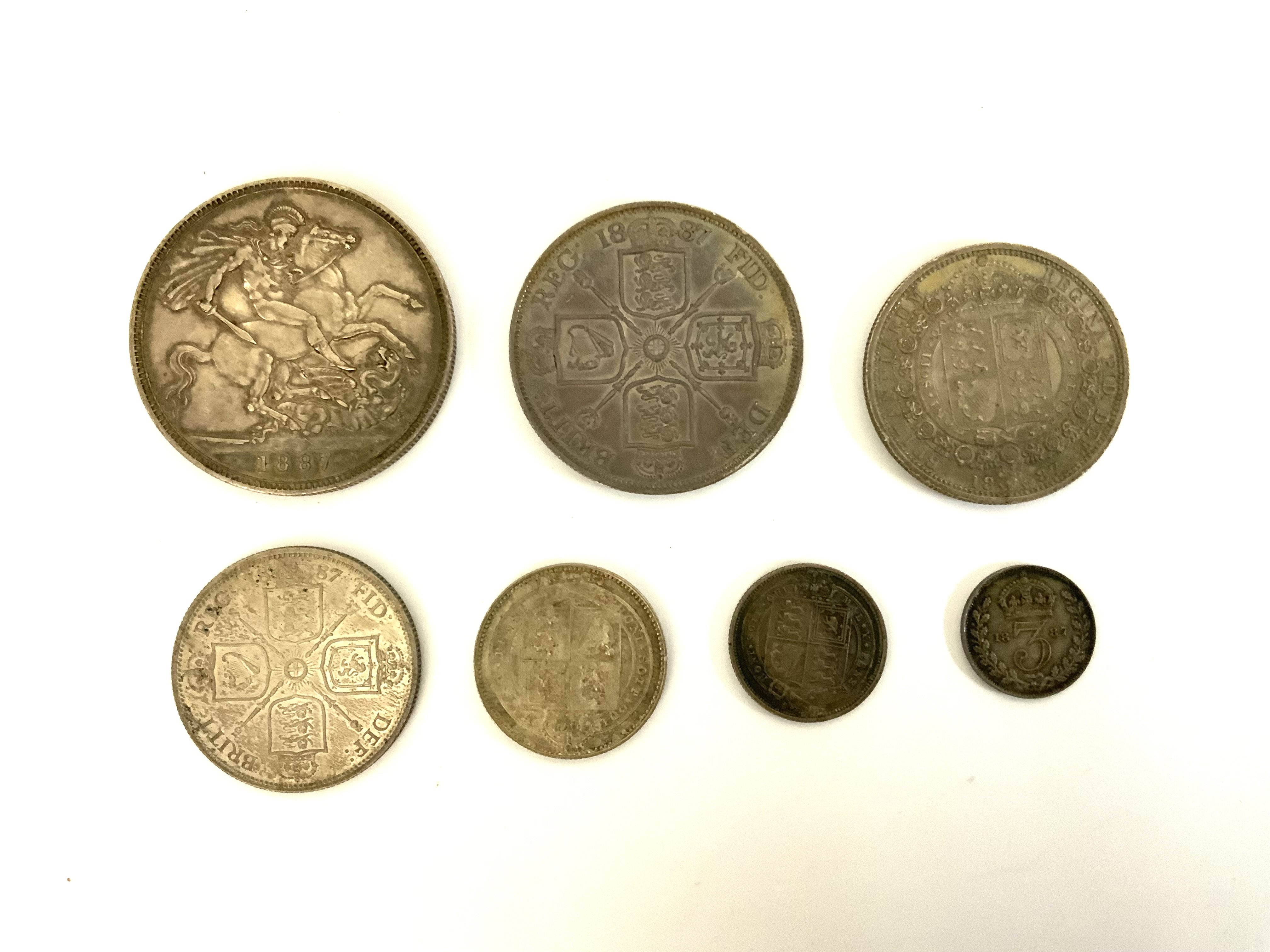 1887 Jubilee year 7 coin set (unboxed) . 1887 Silver Crown 1887 Silver Double Florin 1887 Silver Half Crown 1887 Silver Florin 1887 Silver Shilling 1887 Silver Sixpence. 1887 Silver Threepence