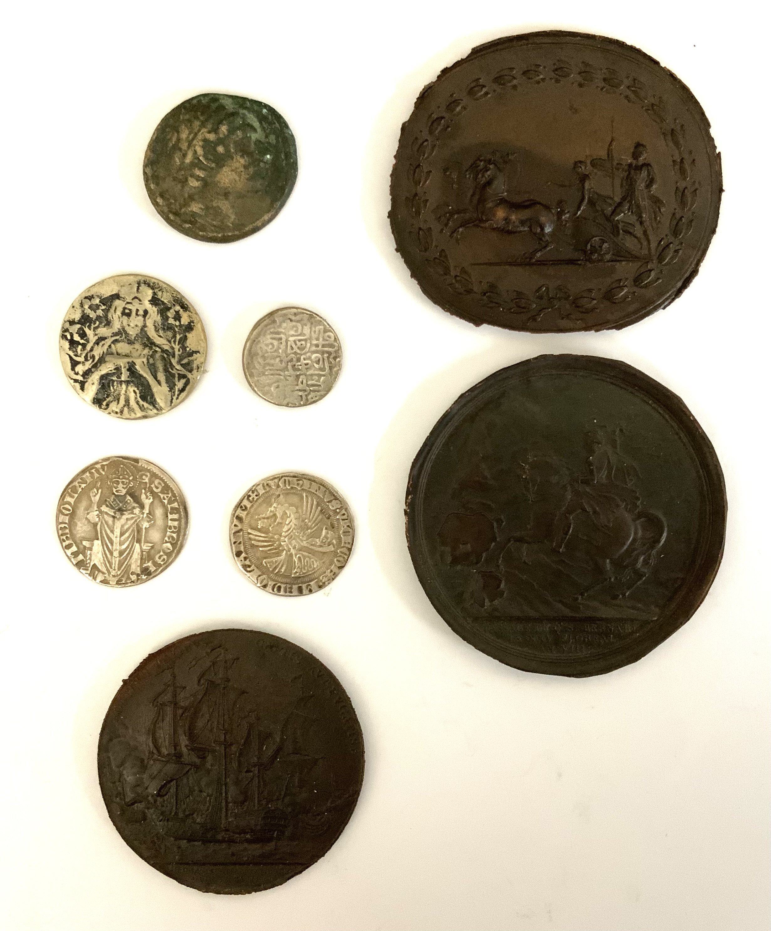 A mixed lot to include copy Italian states coinage, 3 copper panels etc. (A)