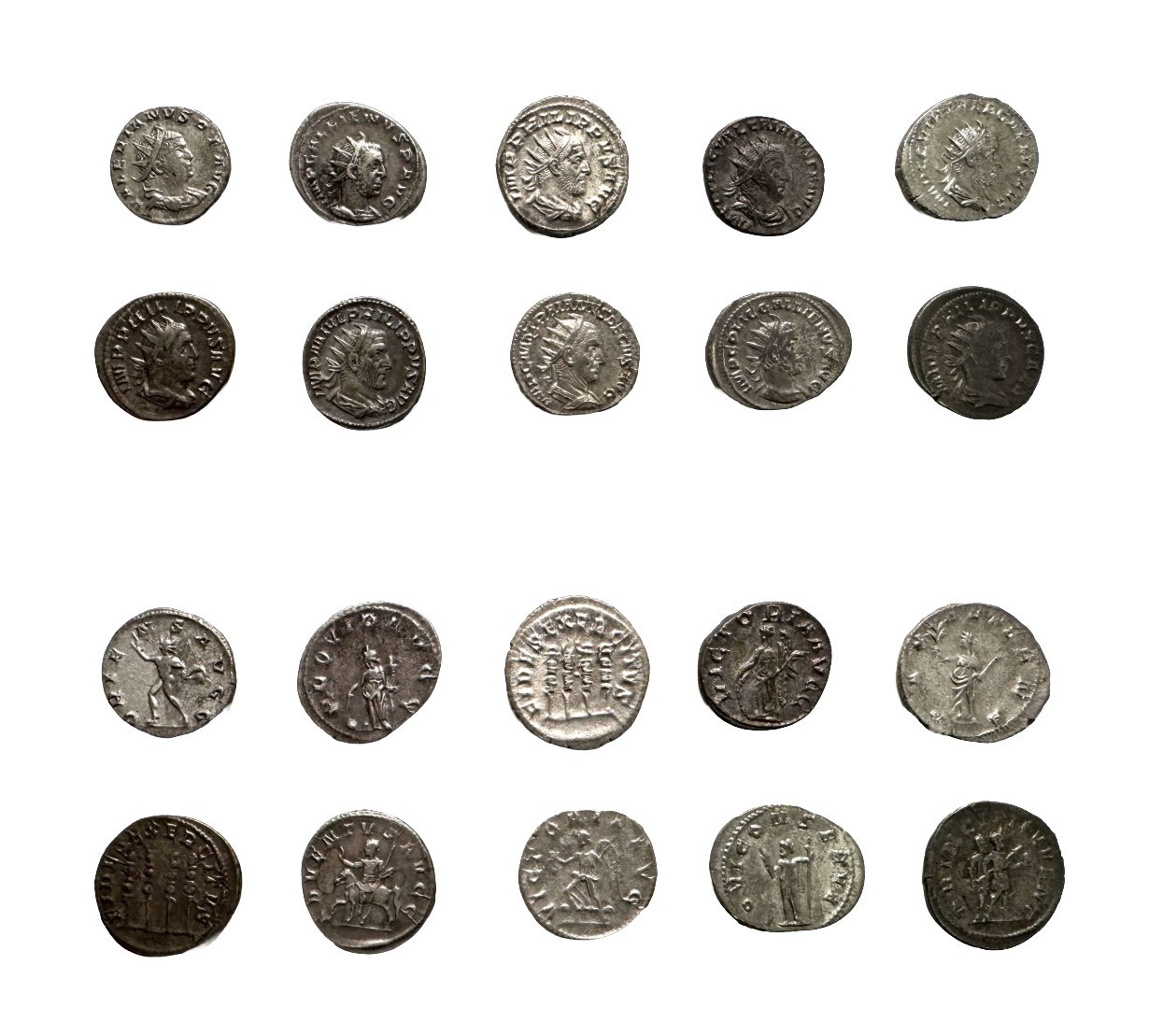 Roman Empire, Silver, Antoninianus of Trebonianus Gallus Coinage. 10 examples with various designs.