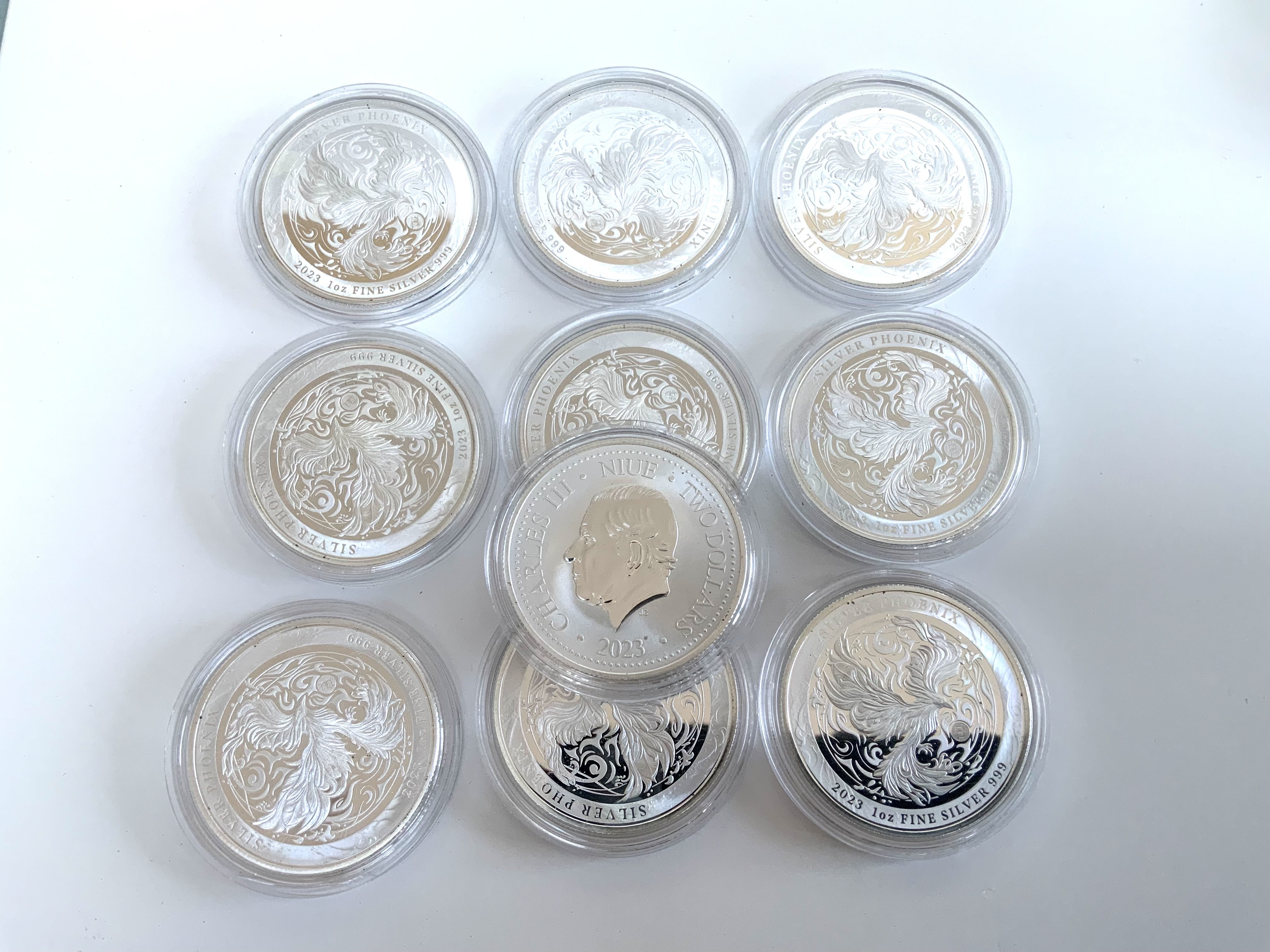 2023 Silver Phoenix 1 Ounce fine silver 2 Dollar coins, King Charles portrait on reverse. (13)