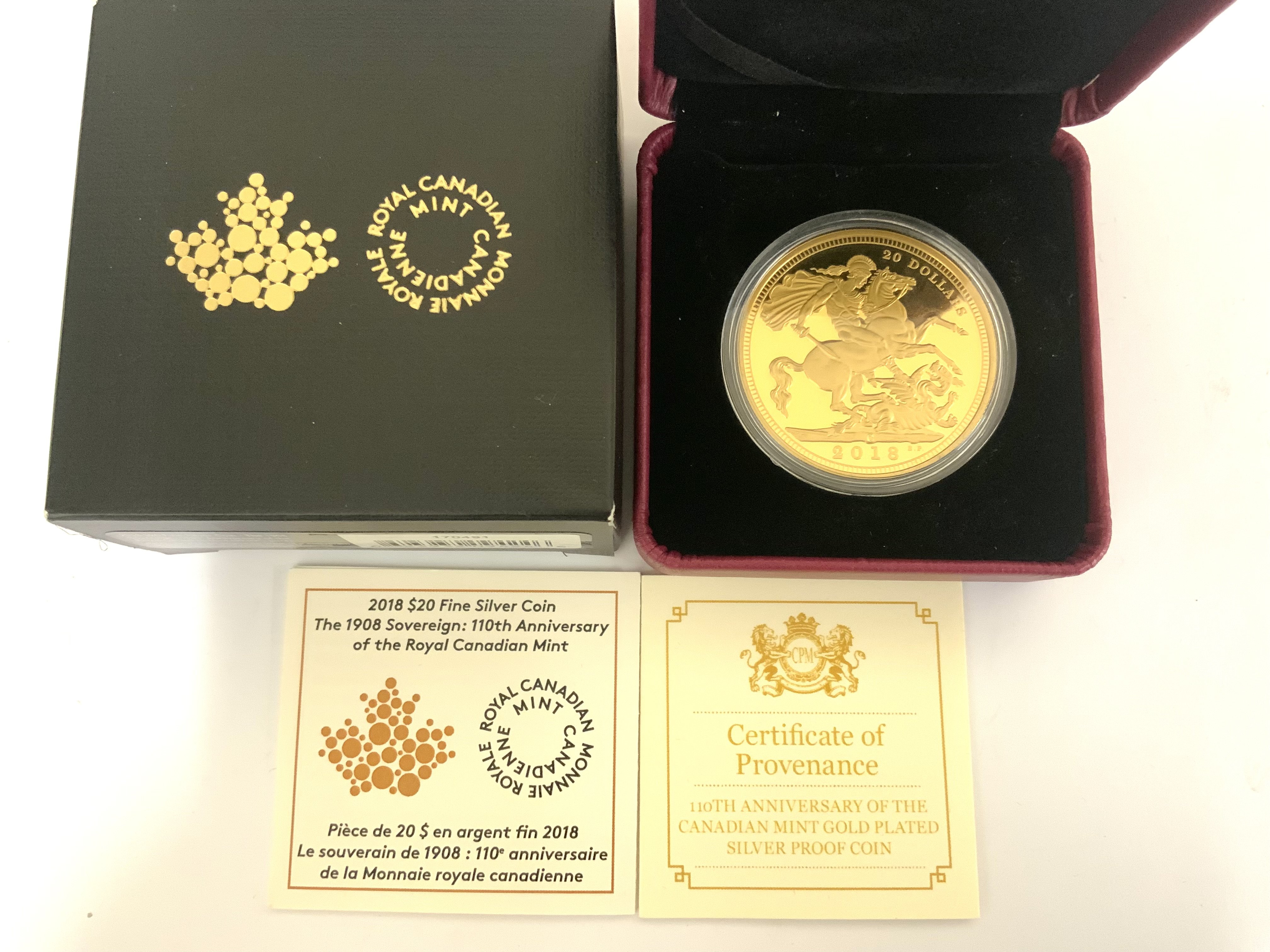 2018 20 Dollar fine silver coin, gold plated RCM Mint. (A)