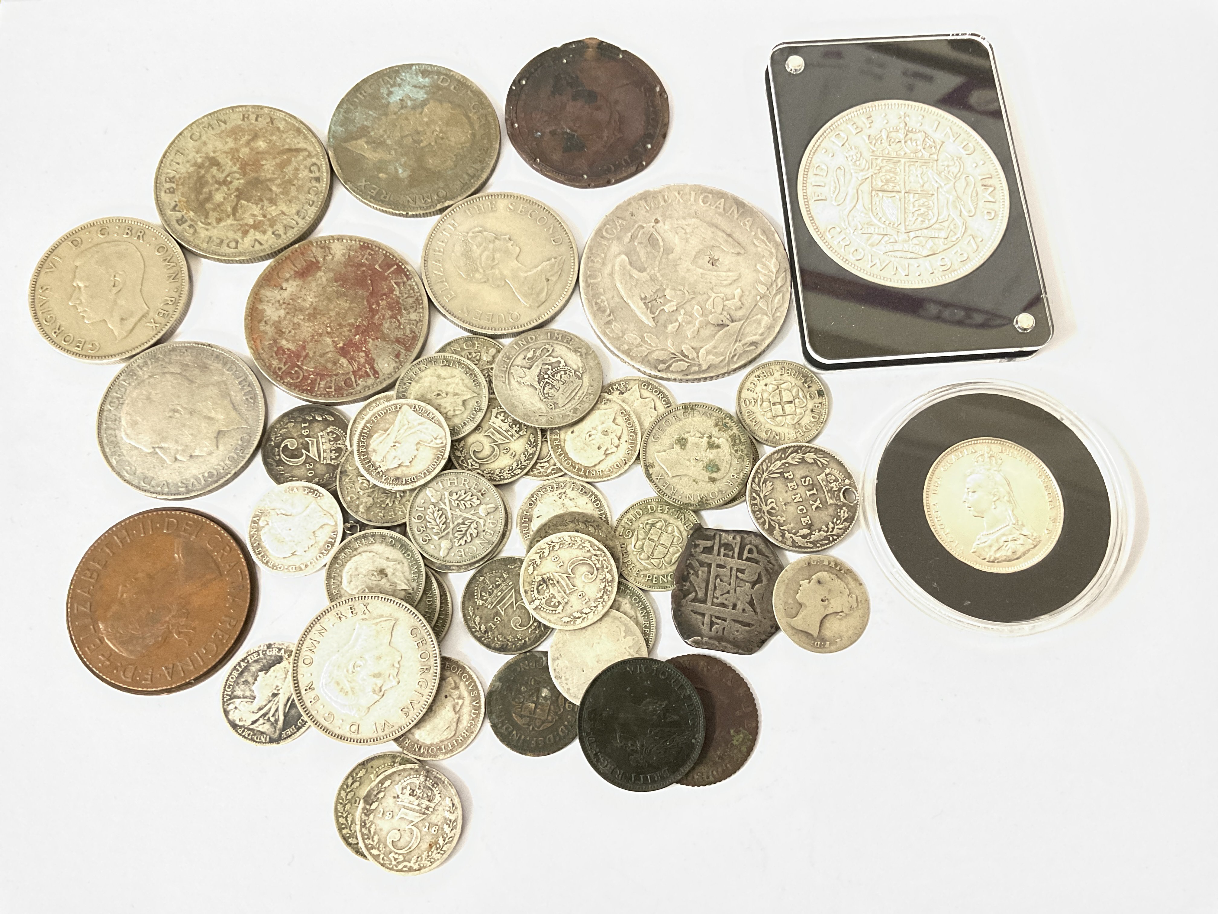 Small collection of silver coinage to include 1887 sixpence and cased 1937 crown. Postage category B
