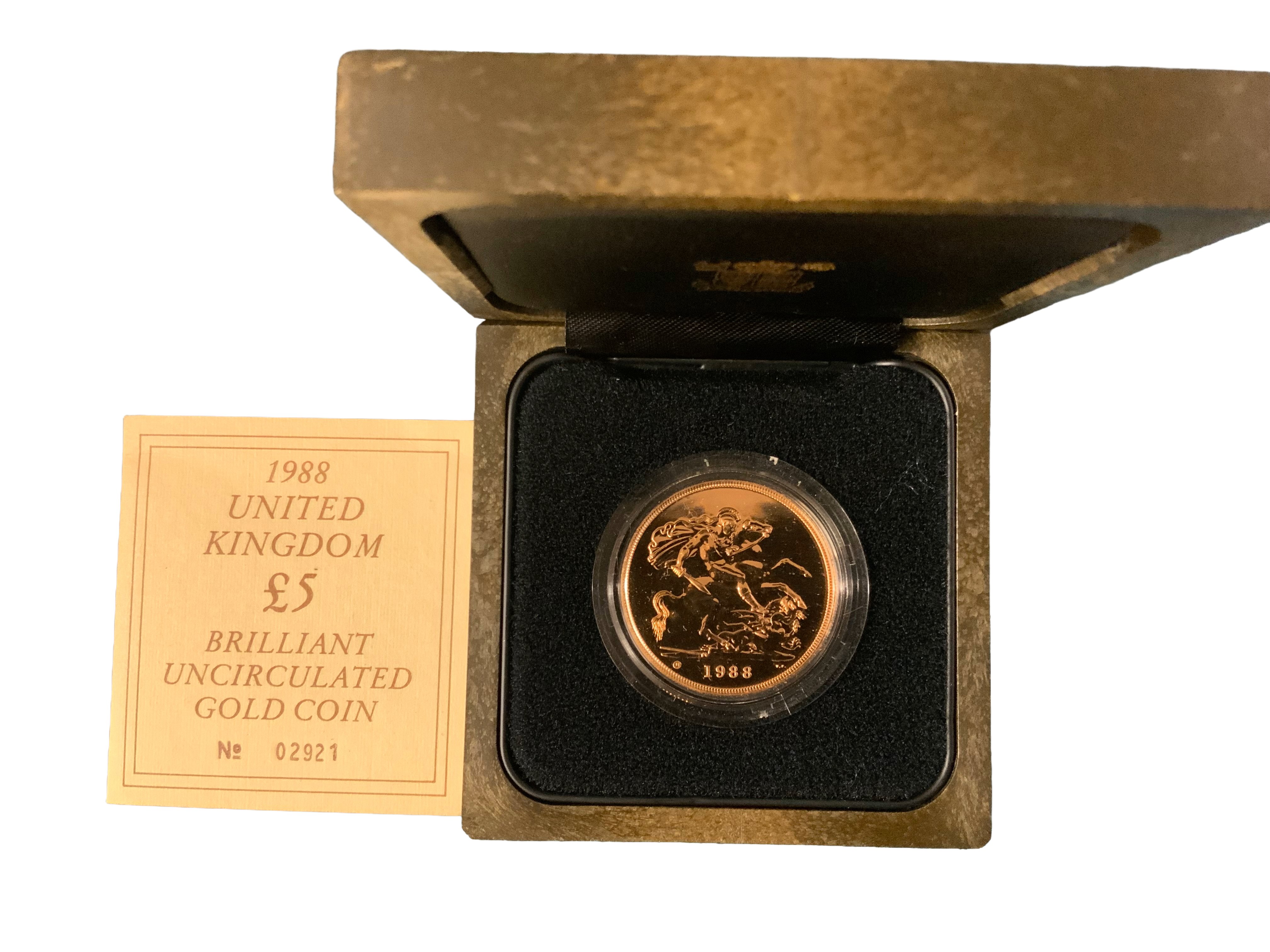1988 Gold 5 Pound Coin Brilliant Uncirculated Boxed. No.02921