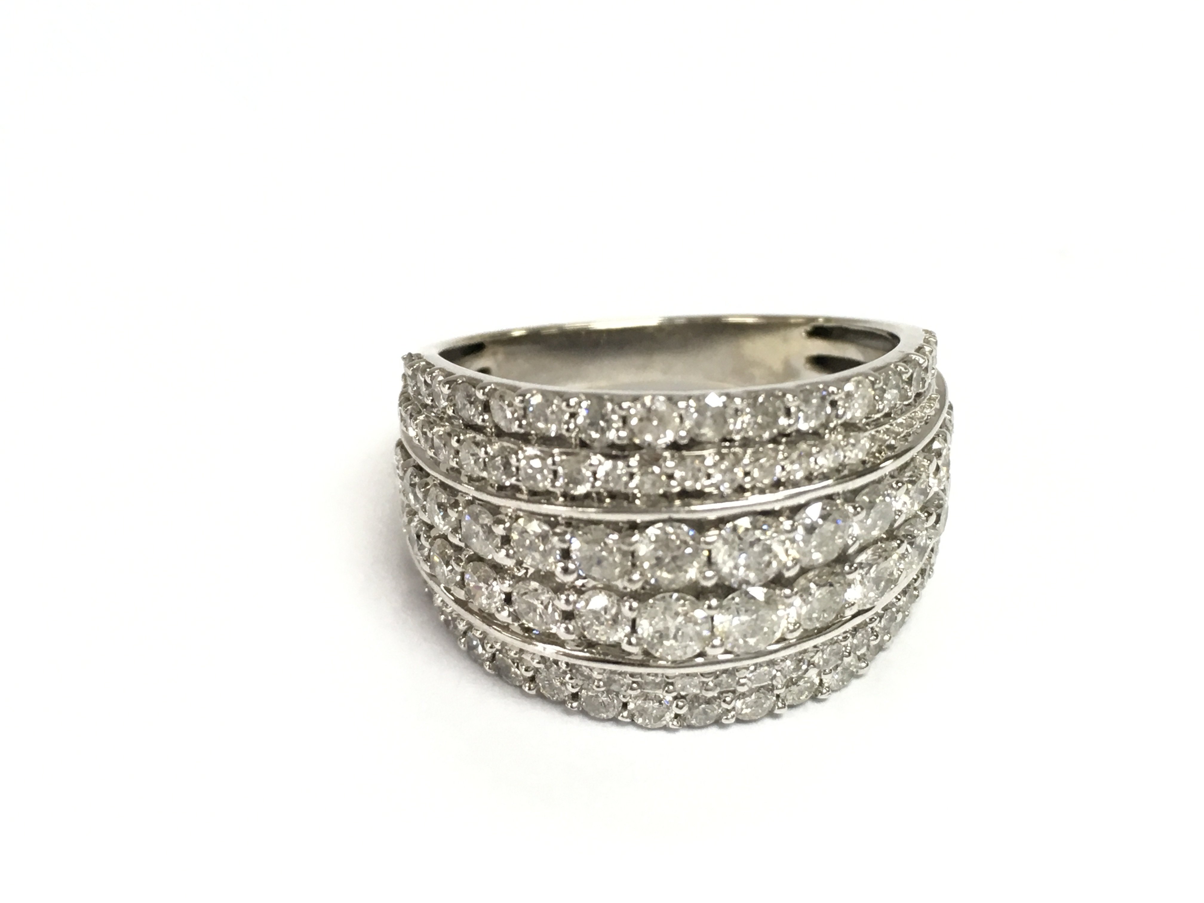 10ct white gold cluster 6 band style tapering ring set with approximately 2ct diamonds. Size O 1/2