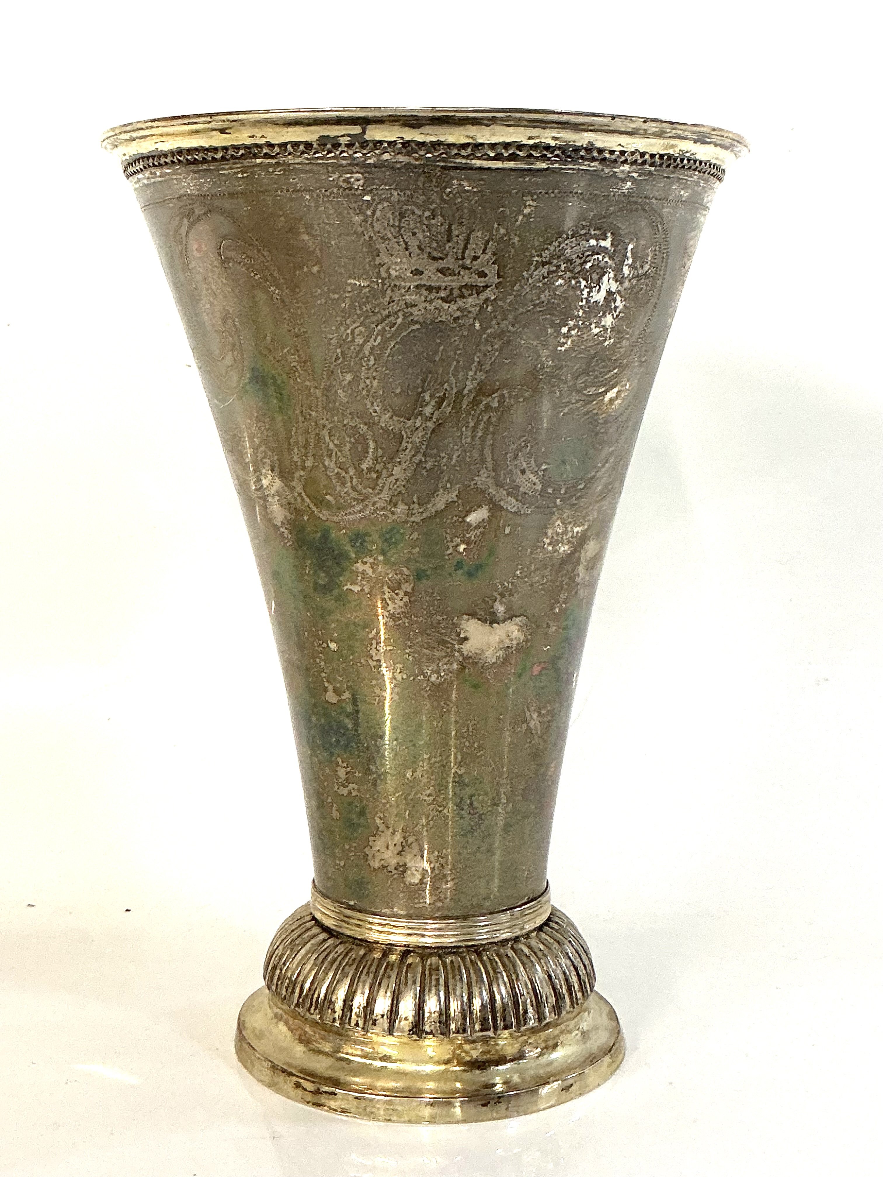 An 18th Century Swedish fluted silver vase with ribbed foot, hand engraved with a Swedish Crown and foliate decoration. Height. 19cm x 13cm.