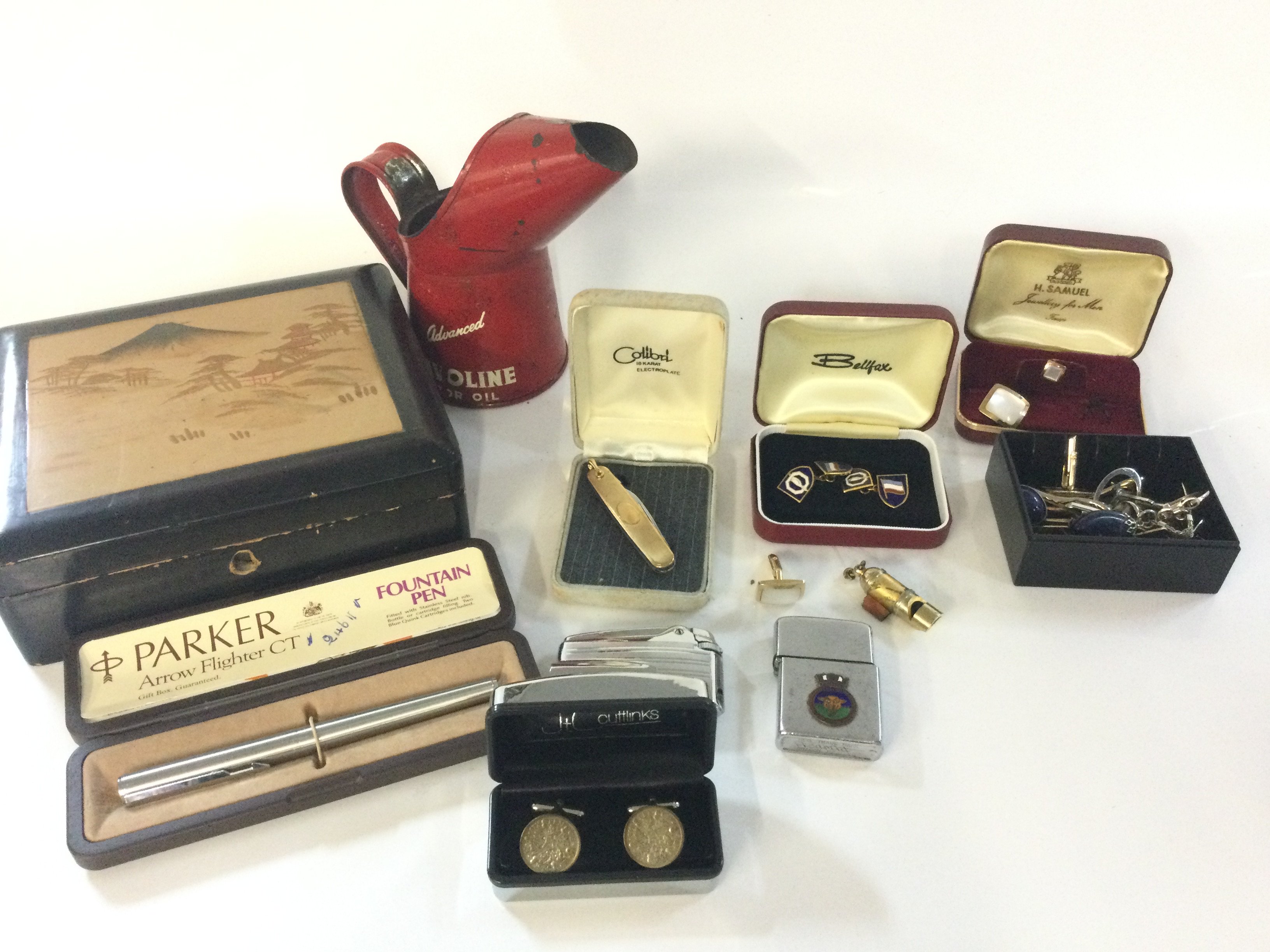 A small box of mixed items including cufflinks, notes, Mondial harmonica, boxed Accurist watch, cigarette cards including Players ,postage category B