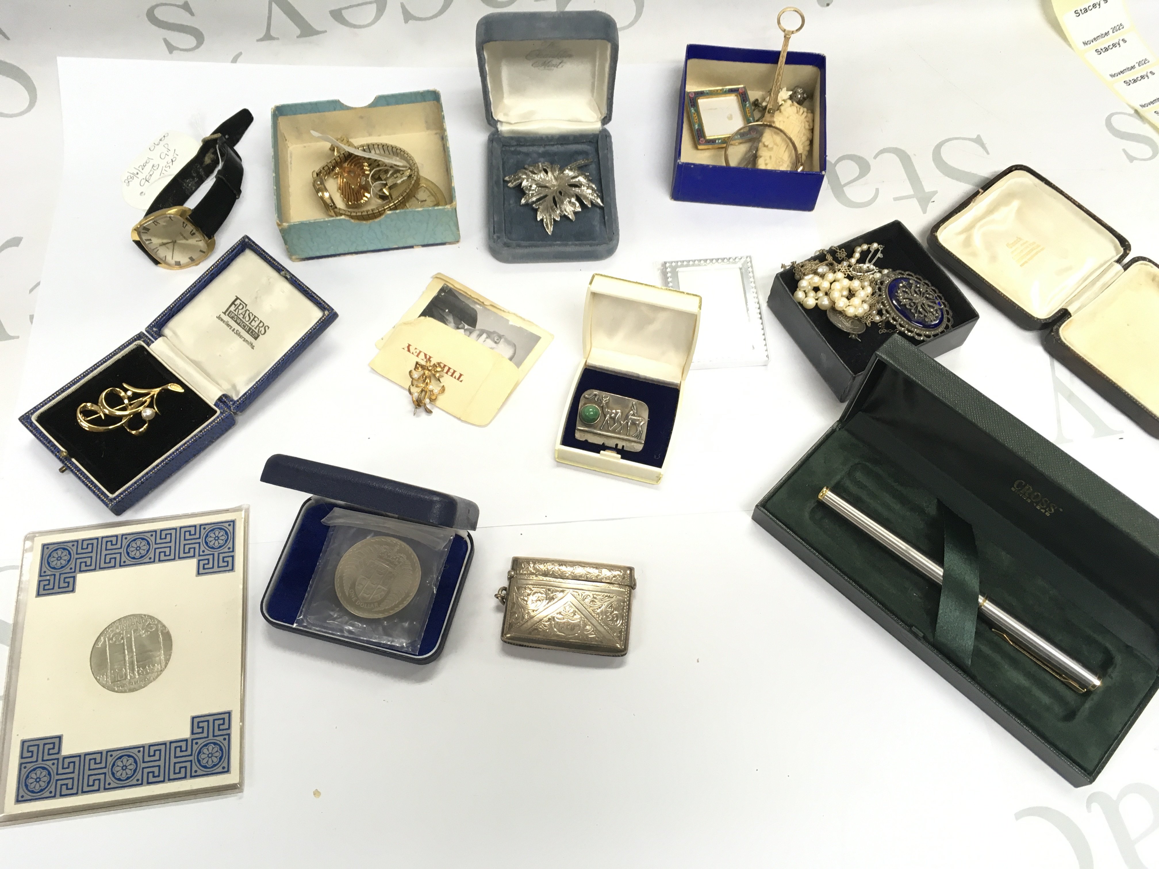 Jewellery including a boxed cross pen, marcasite and blue enamel brooch, necklace , gents Tissot stylist watch, womens Tissot and Seiko etc. postage category B