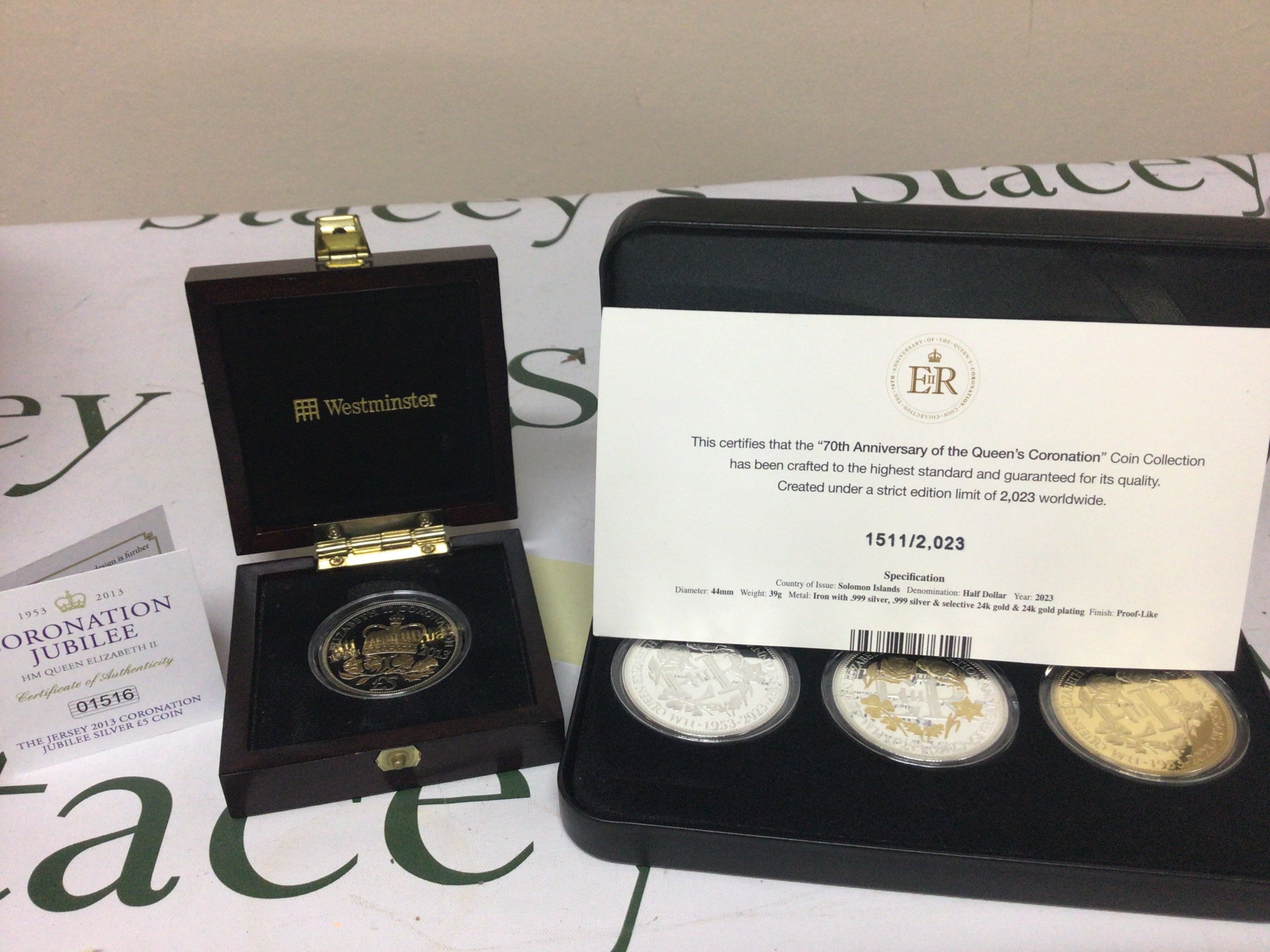 A silver proof five pound coin Jersey Coronation Jubilee a case set of three coins the 70th Anniversary of the Querns Coronation. (2)