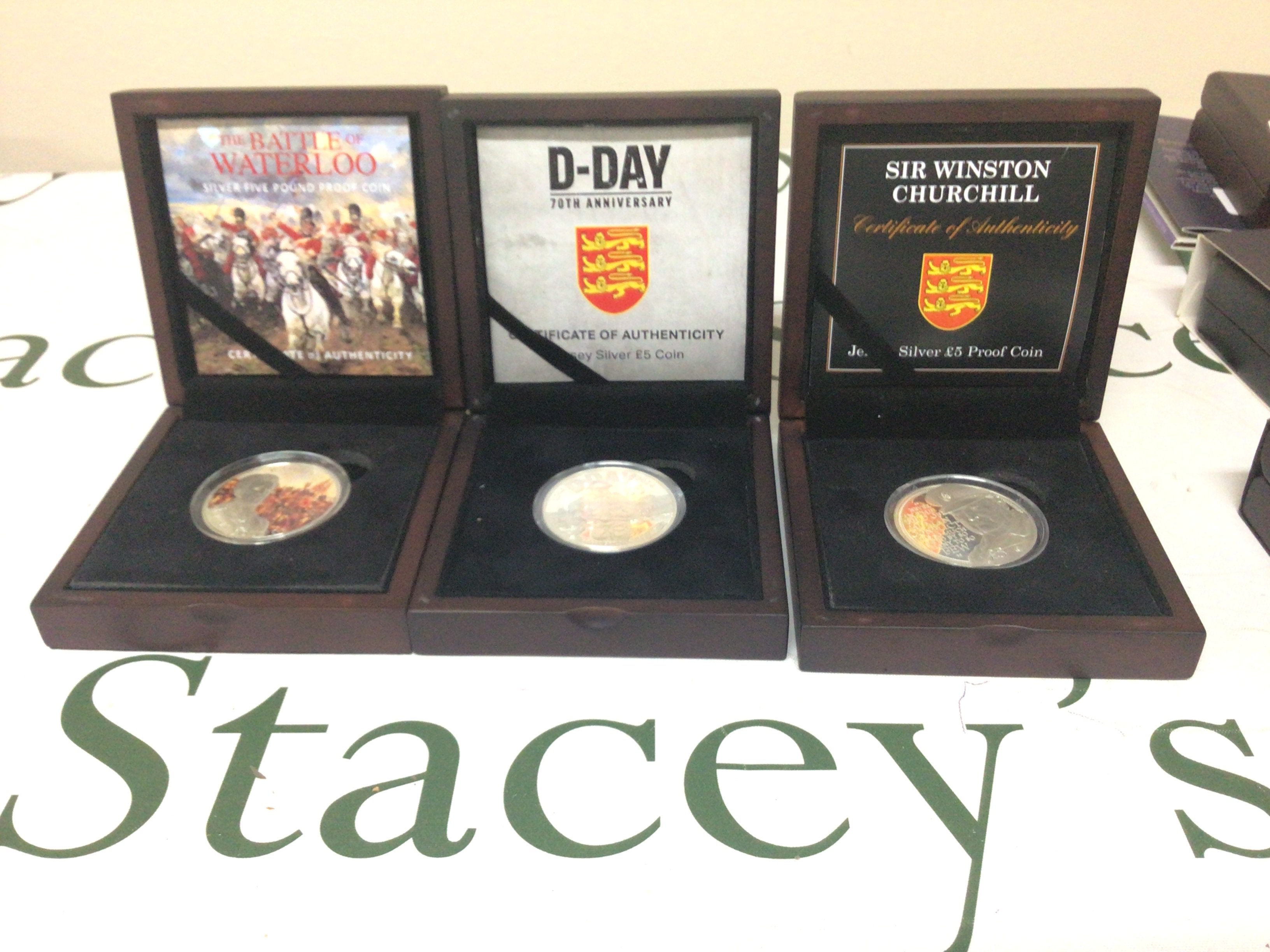 Three Silver Five Pound Proof coins The Battle of Waterloo limited edition D-Day commemorative and Sir Winston Churchill (3)