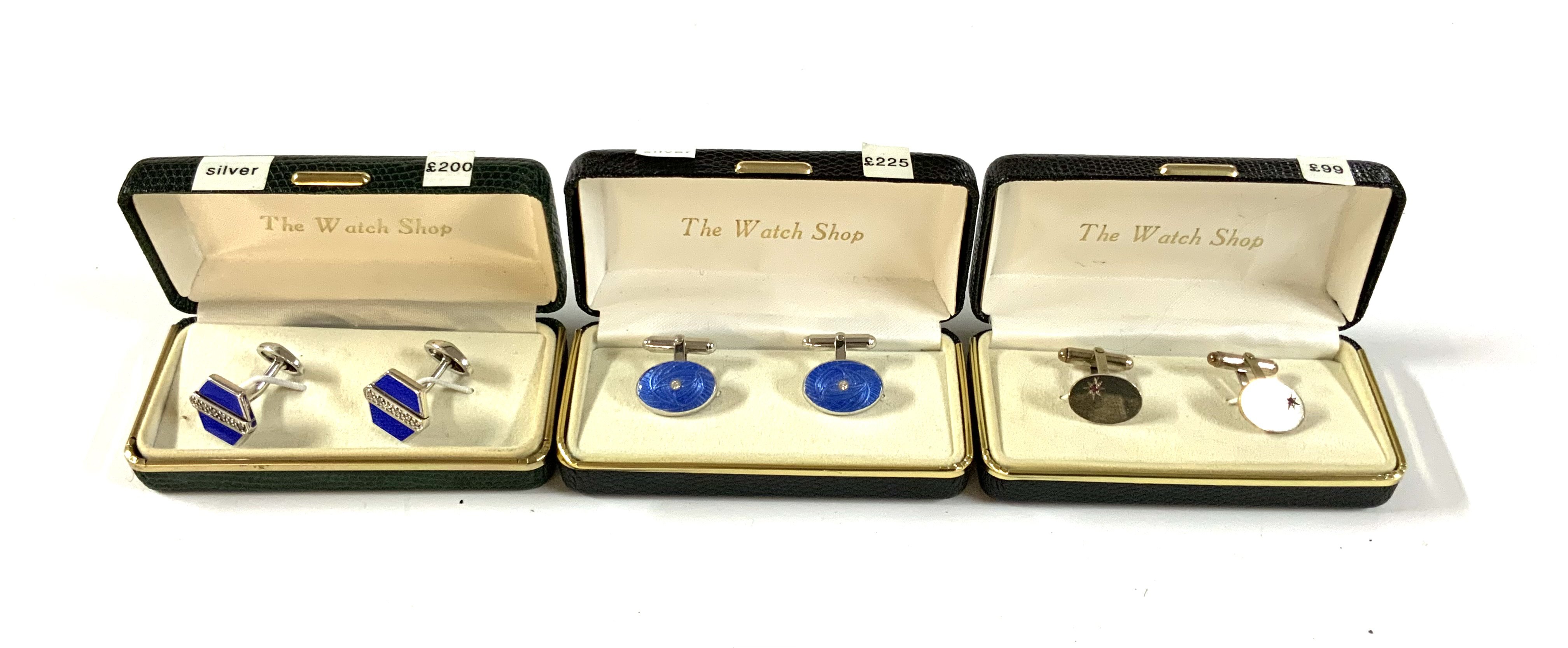 3 pair of Sterling silver cufflinks including Guilloche enamel examples. (A)