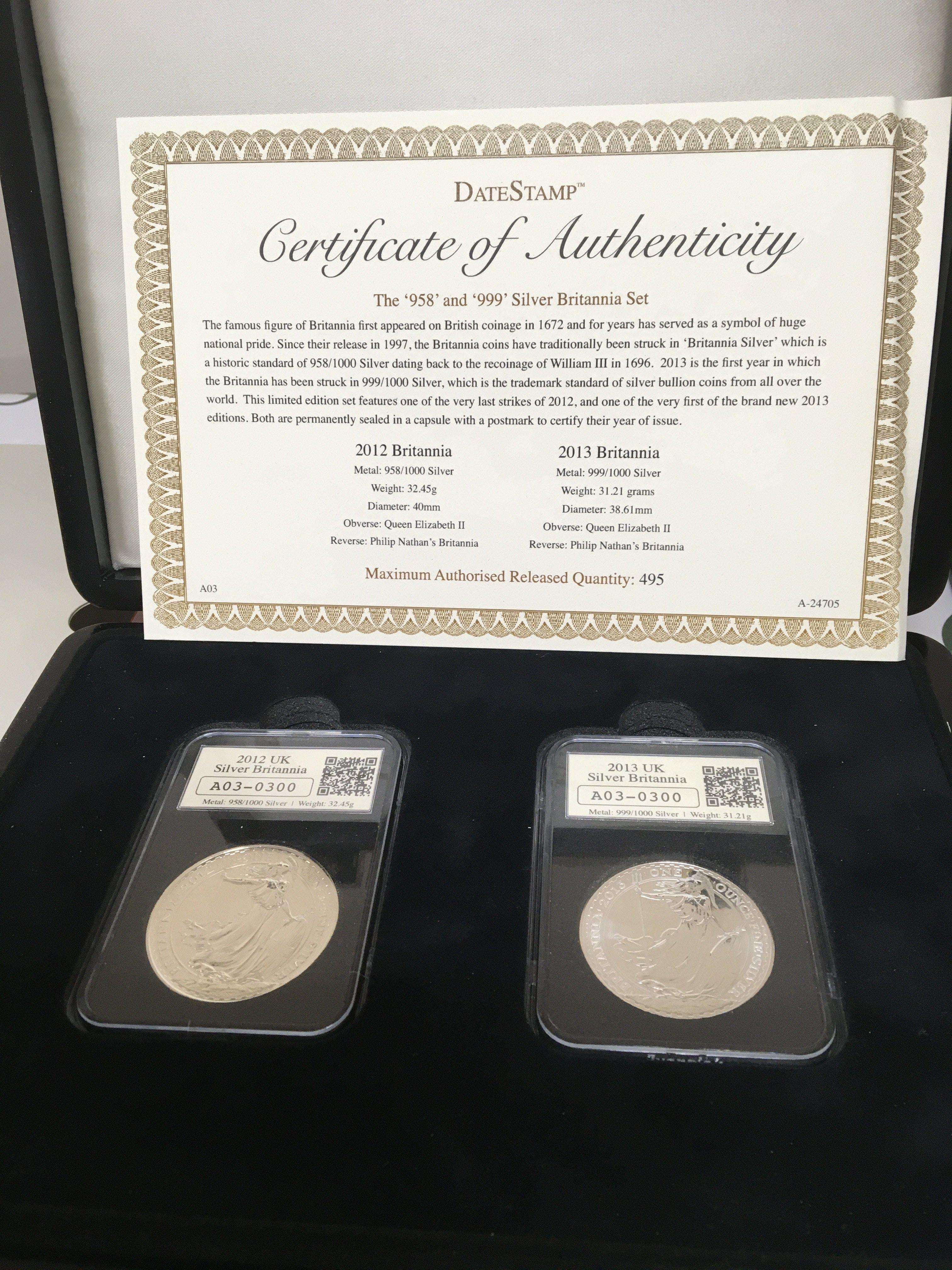 A 2012 and 2013 Silver Britannia both in Perspex slabs and in a fitted case with certificate of Authenticity.