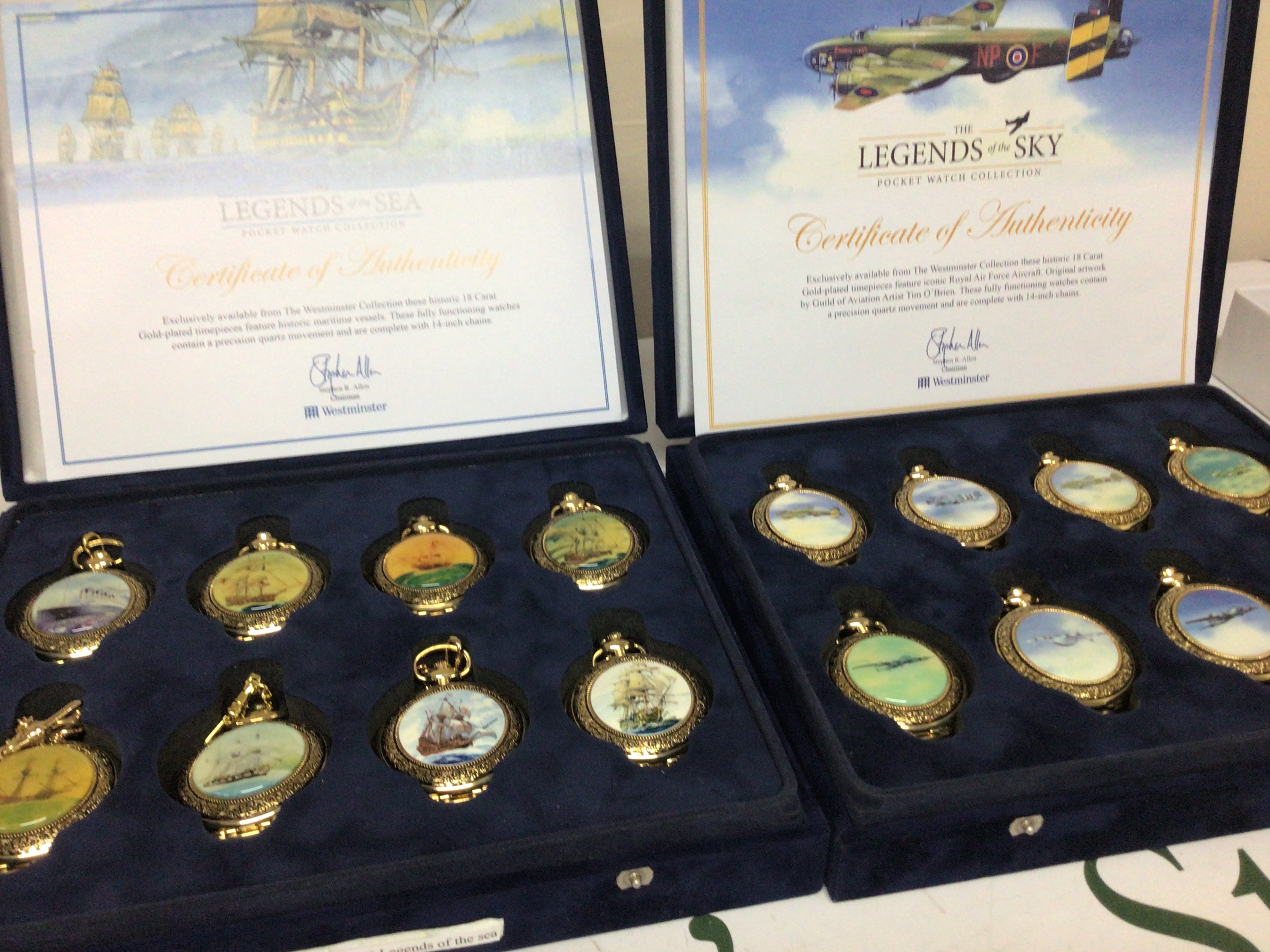 Two cased sets of collectors pocket watches Legends of The Sky and Legends of the Sea. (2)