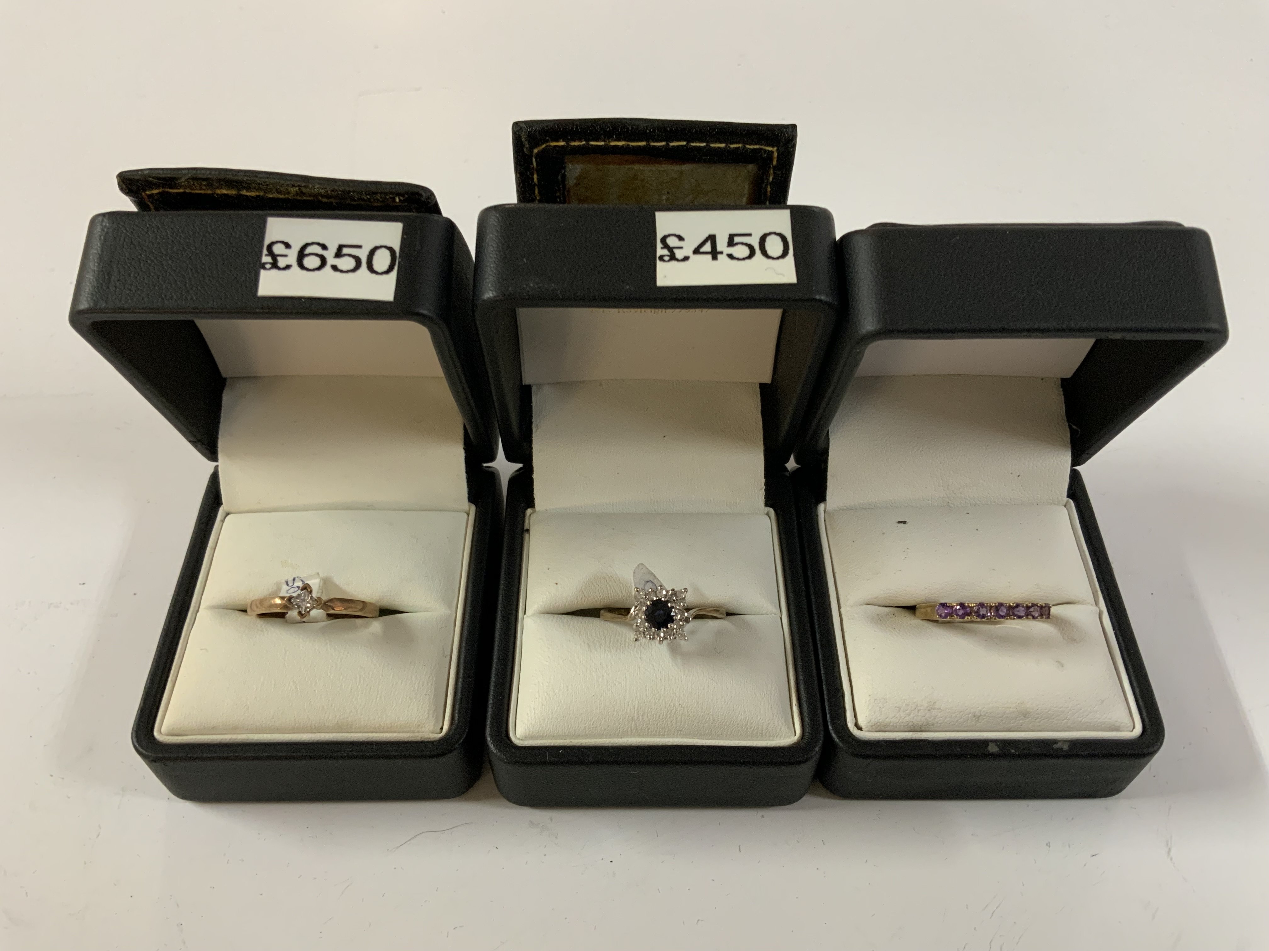 3 9ct gold stone set rings. (A)