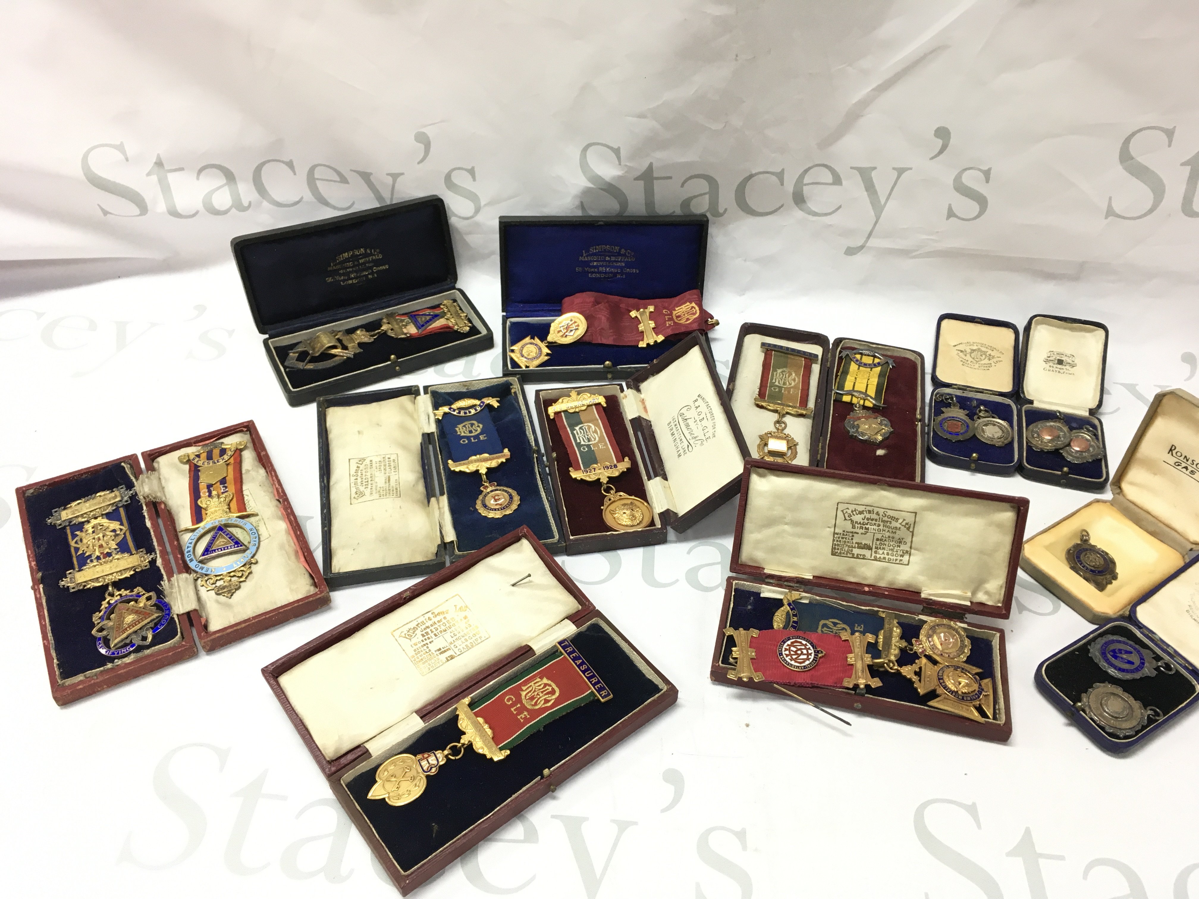 Eleven Royal Antediluvian Order Of the Buffalo medals 9ct and silver examples , also including Football / darts medals. Postage category B