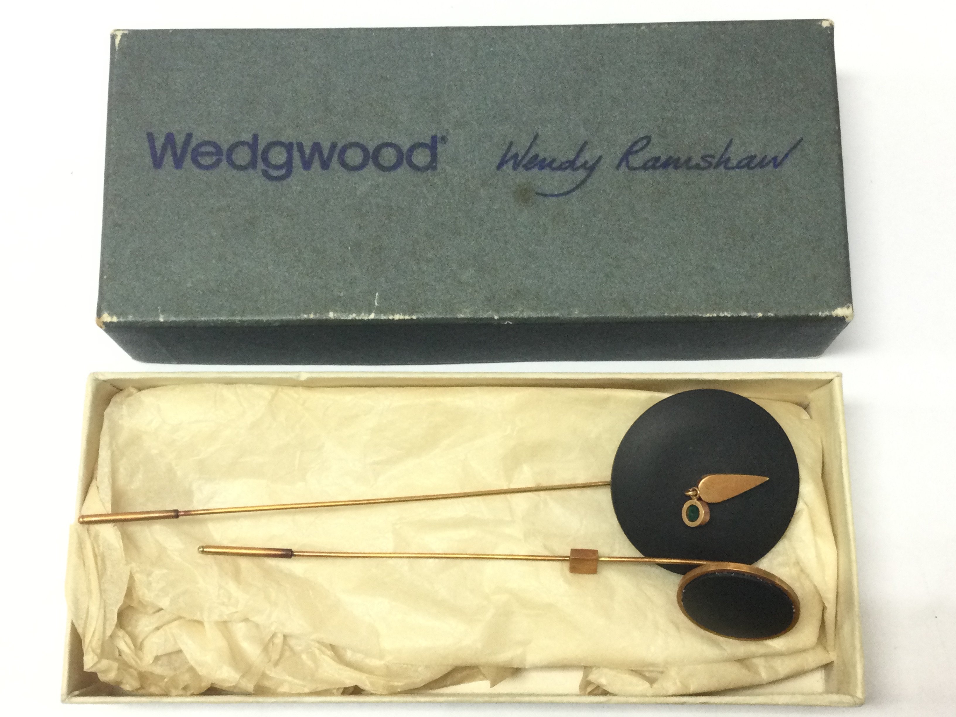 Two boxed Wendy Ramshaw Wedgwood hat pins . Postage category a