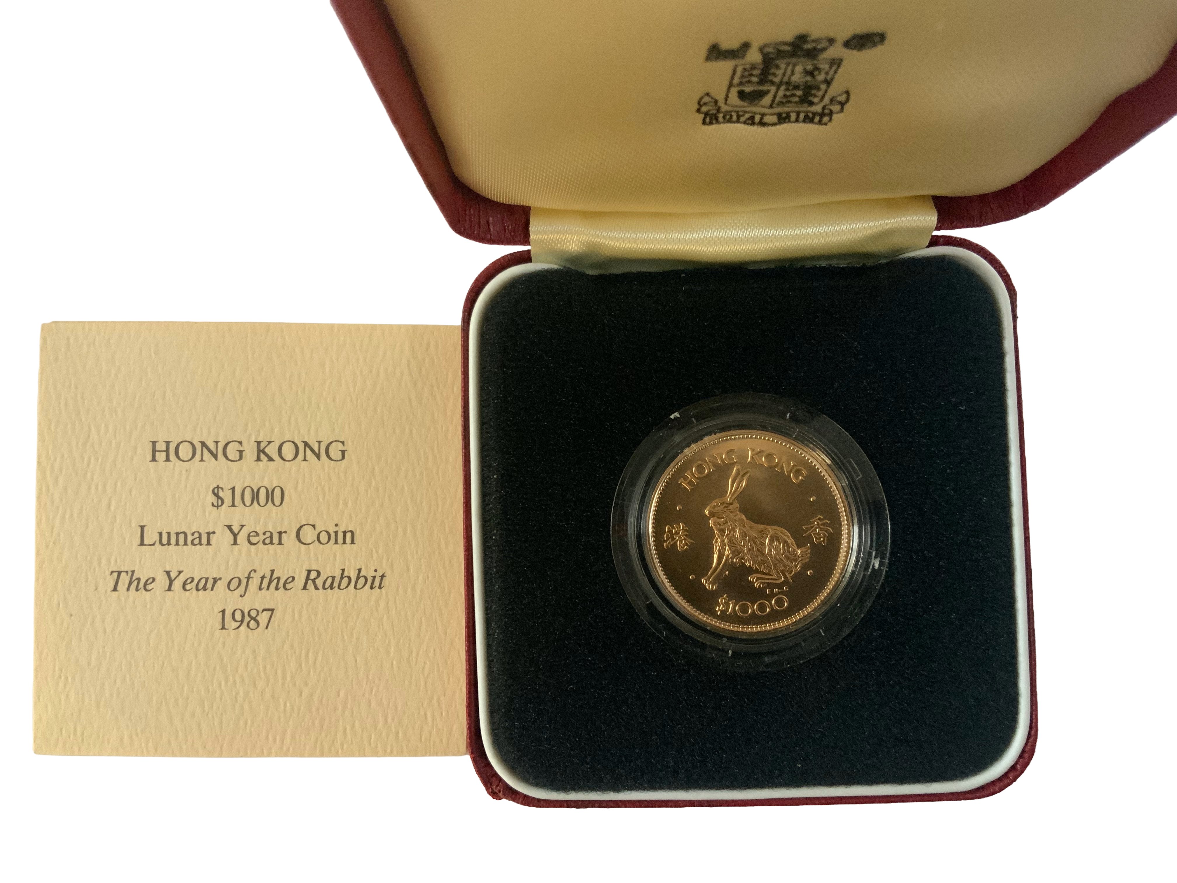 Royal Mint Issue 1987 Hong Kong $1000 gold coin, Year of the Rabbit.