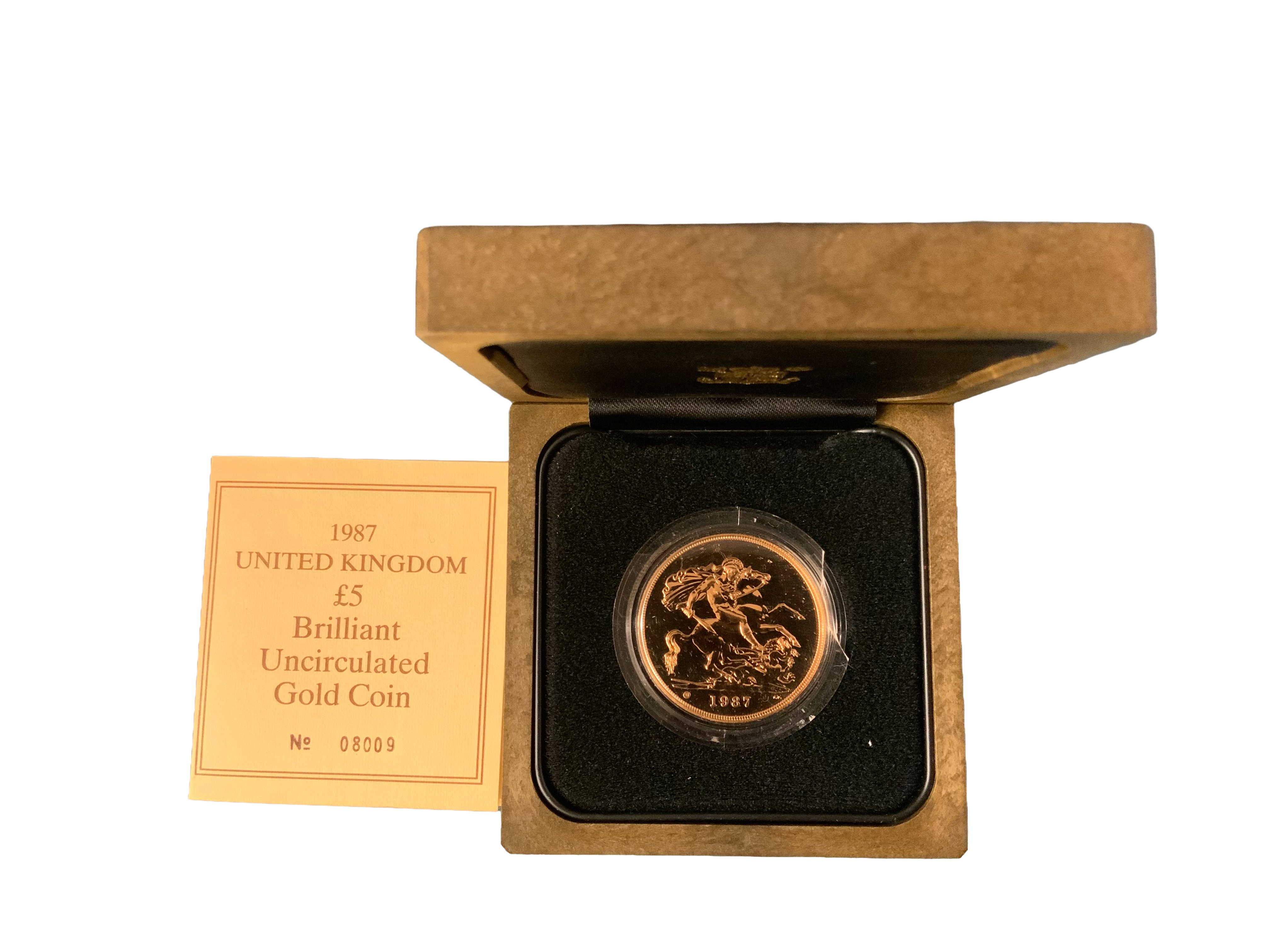 1987 Gold 5 Pound Coin Brilliant Uncirculated Boxed. No.08009