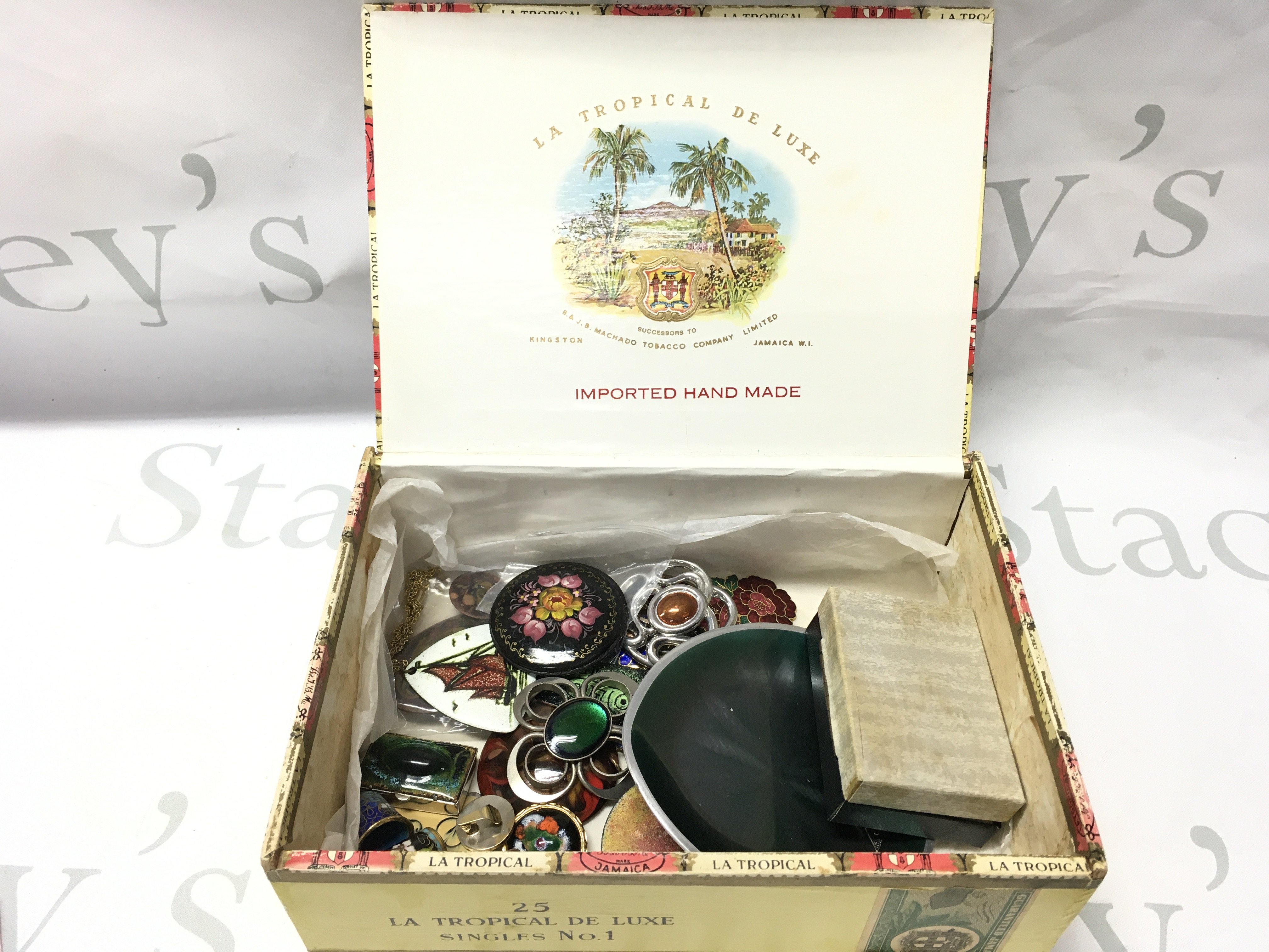 A box of enamel jewellery including four pieces of Masonic Jewellery . Postage category b
