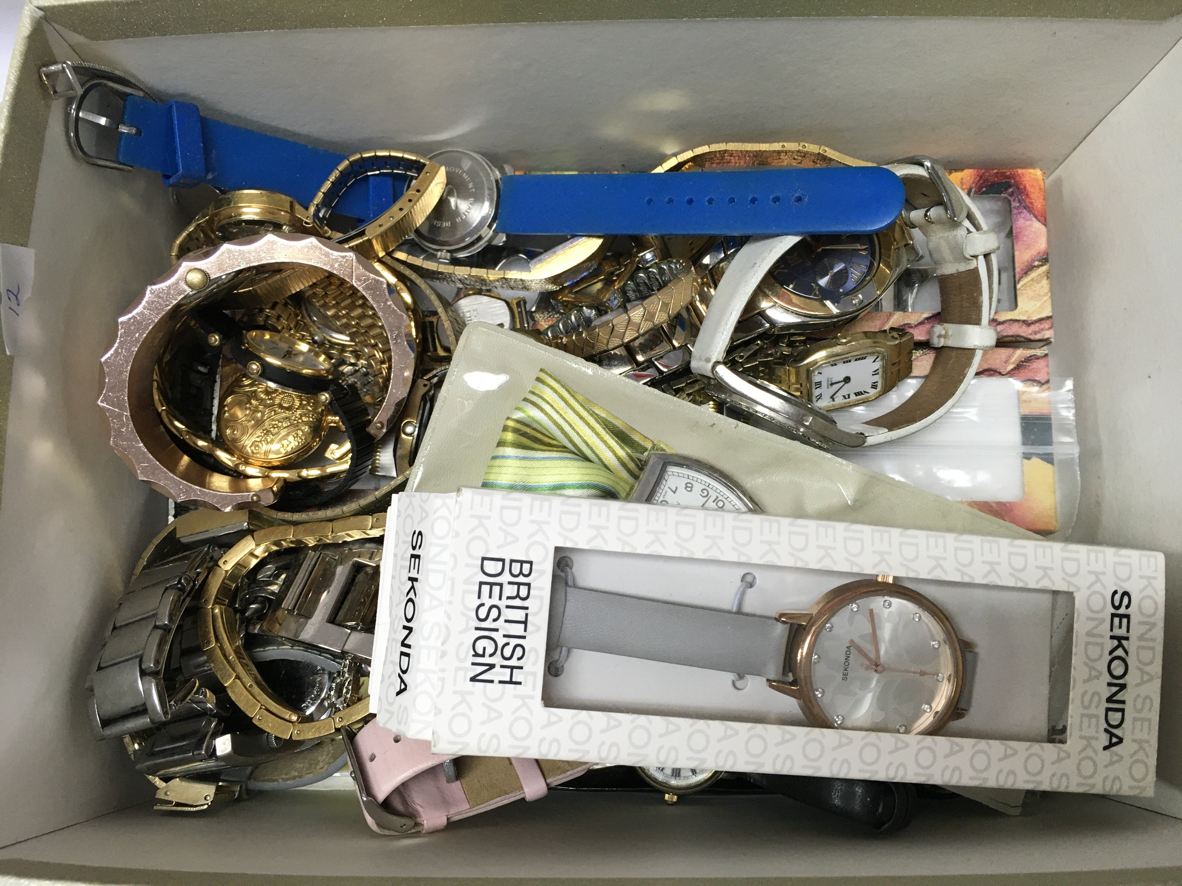 A box of watches including Sekonda, Seiko, Gillex, Ingersoll etc . Postage category B