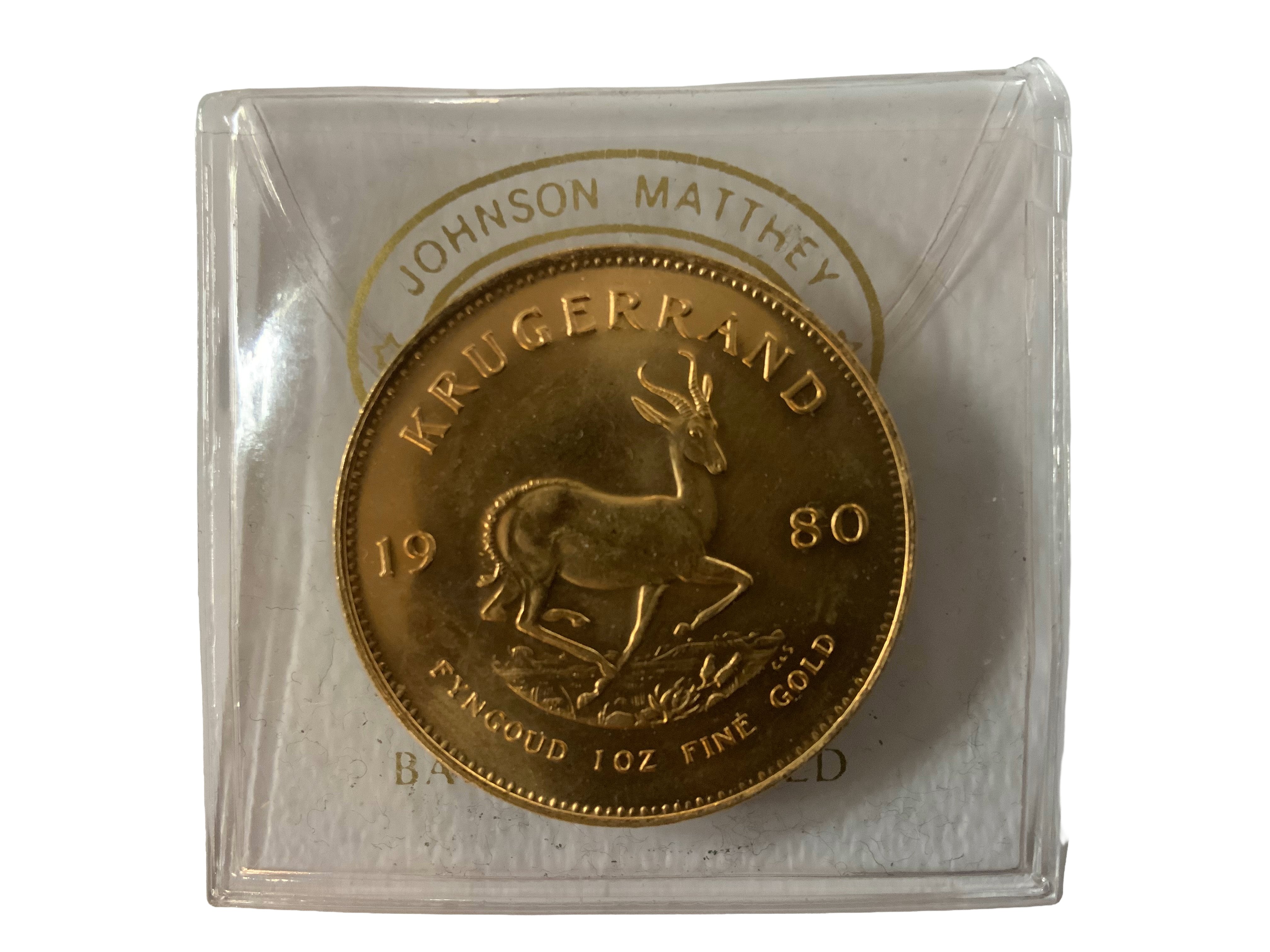A 1980 issue 1 ounce gold Kruggerand coin.