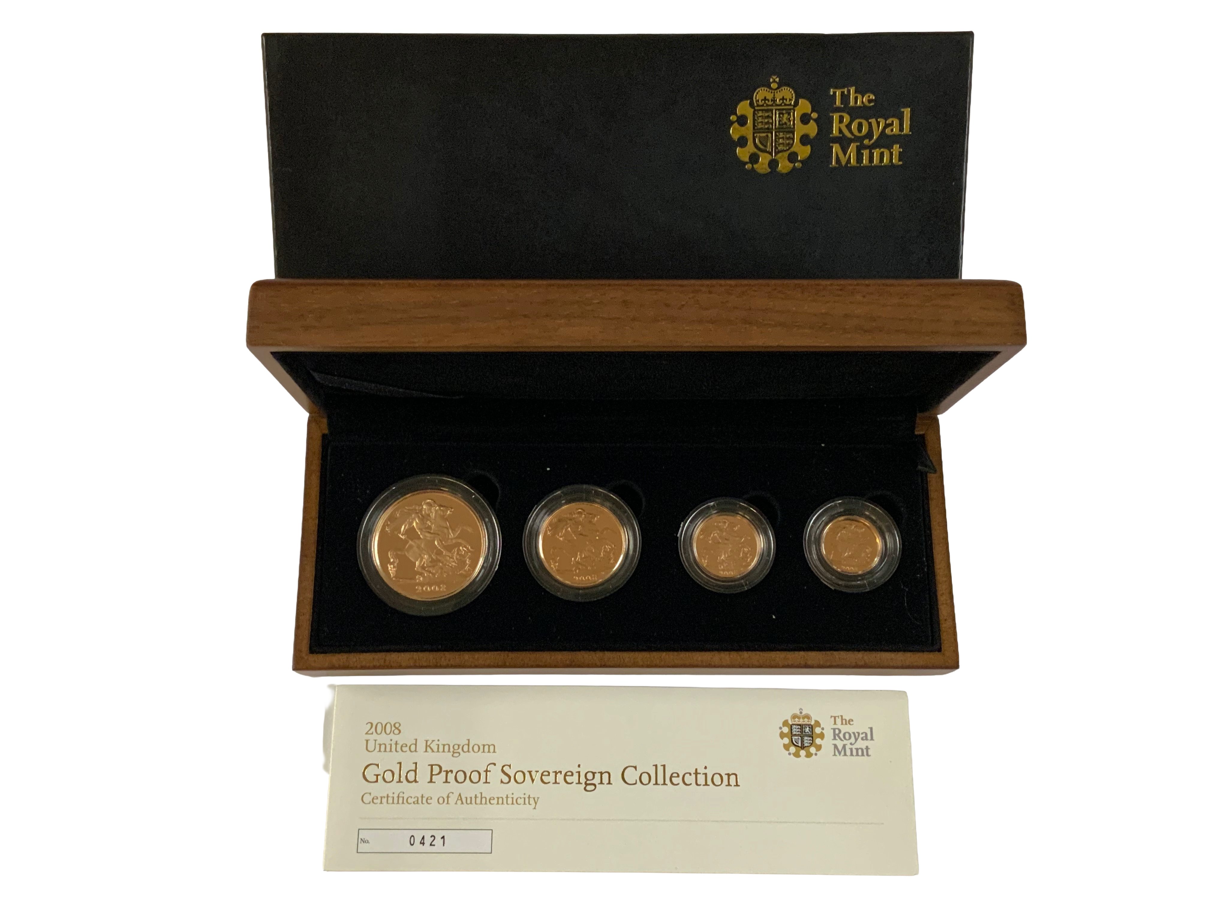 Elizabeth II (1952-2022), gold proof Set, 2008, comprising Five Pounds, Two-Pounds, Sovereign, Half-Sovereign, crowned head right, IRB initials below for designer Ian Rank-Broadley. 0421/1750.