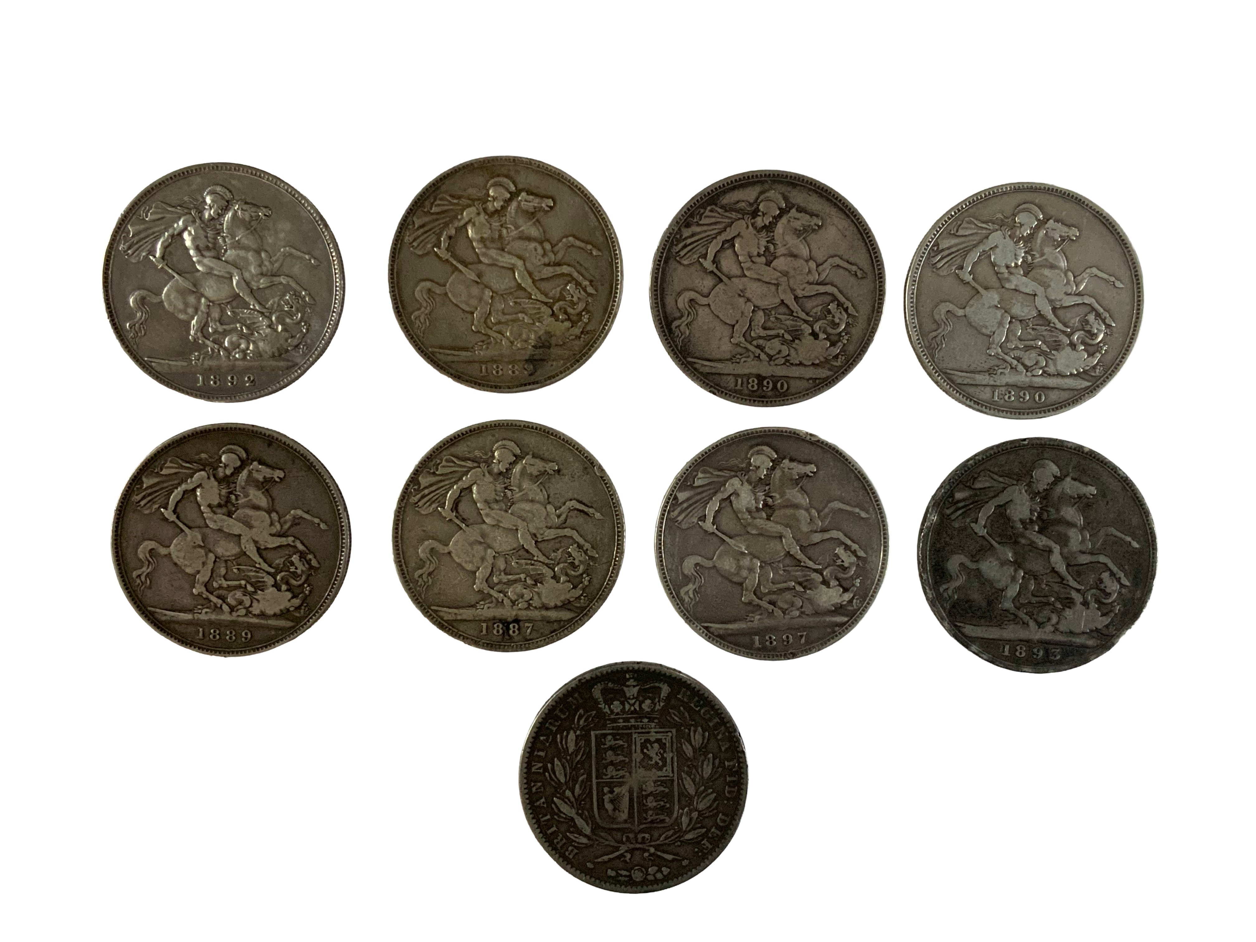 A Good collection of Victorian Crowns to include Young QV 1847, 1887, 1889 x 2, 1890 x 2, 1892, 1893, 1897.