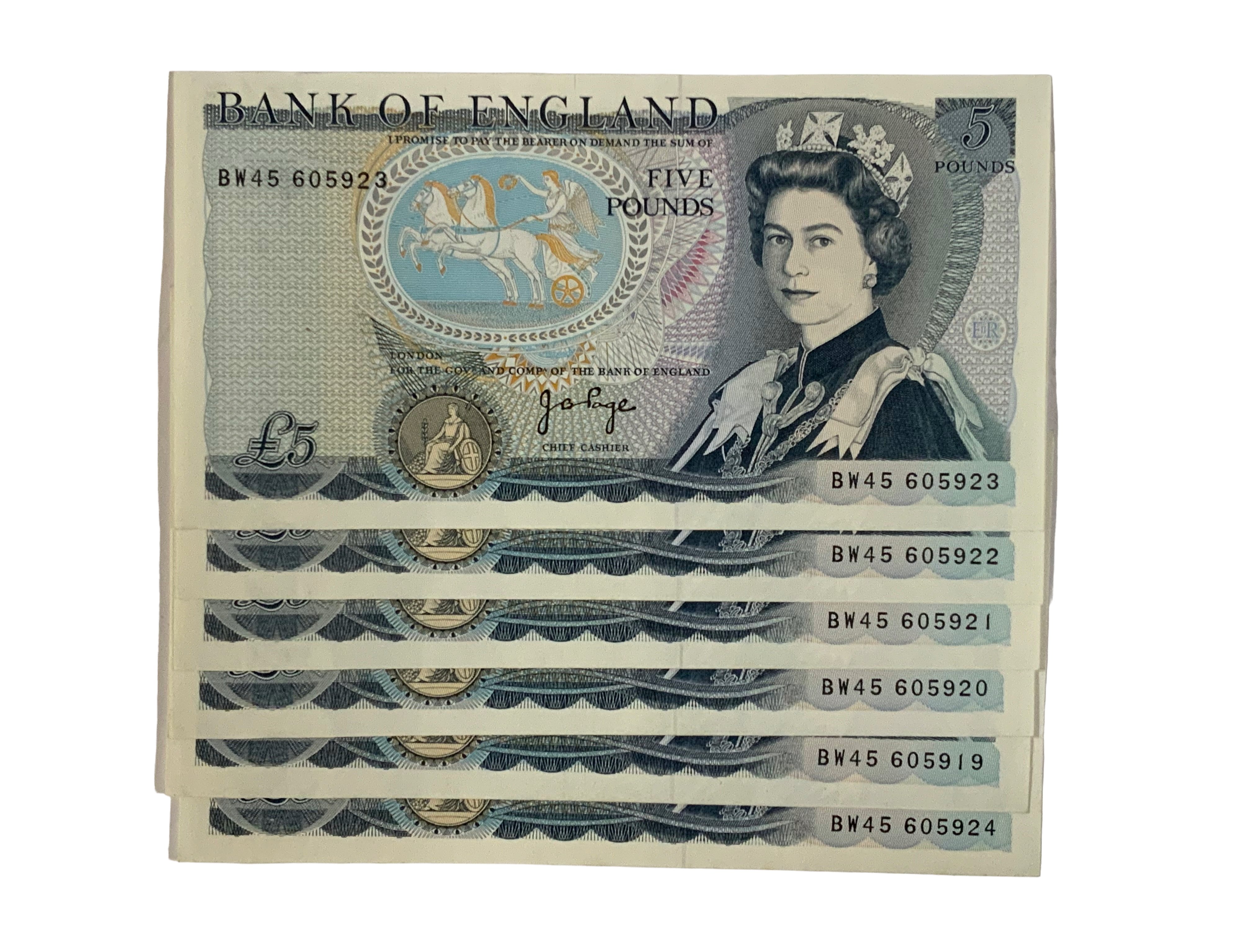 1970-1980 Bank of England issue 5 Pound Note, Blue Duke of Wellington, Jo Page Uncirculated near mint consecutive run of 6 from BW45 605919 to 924