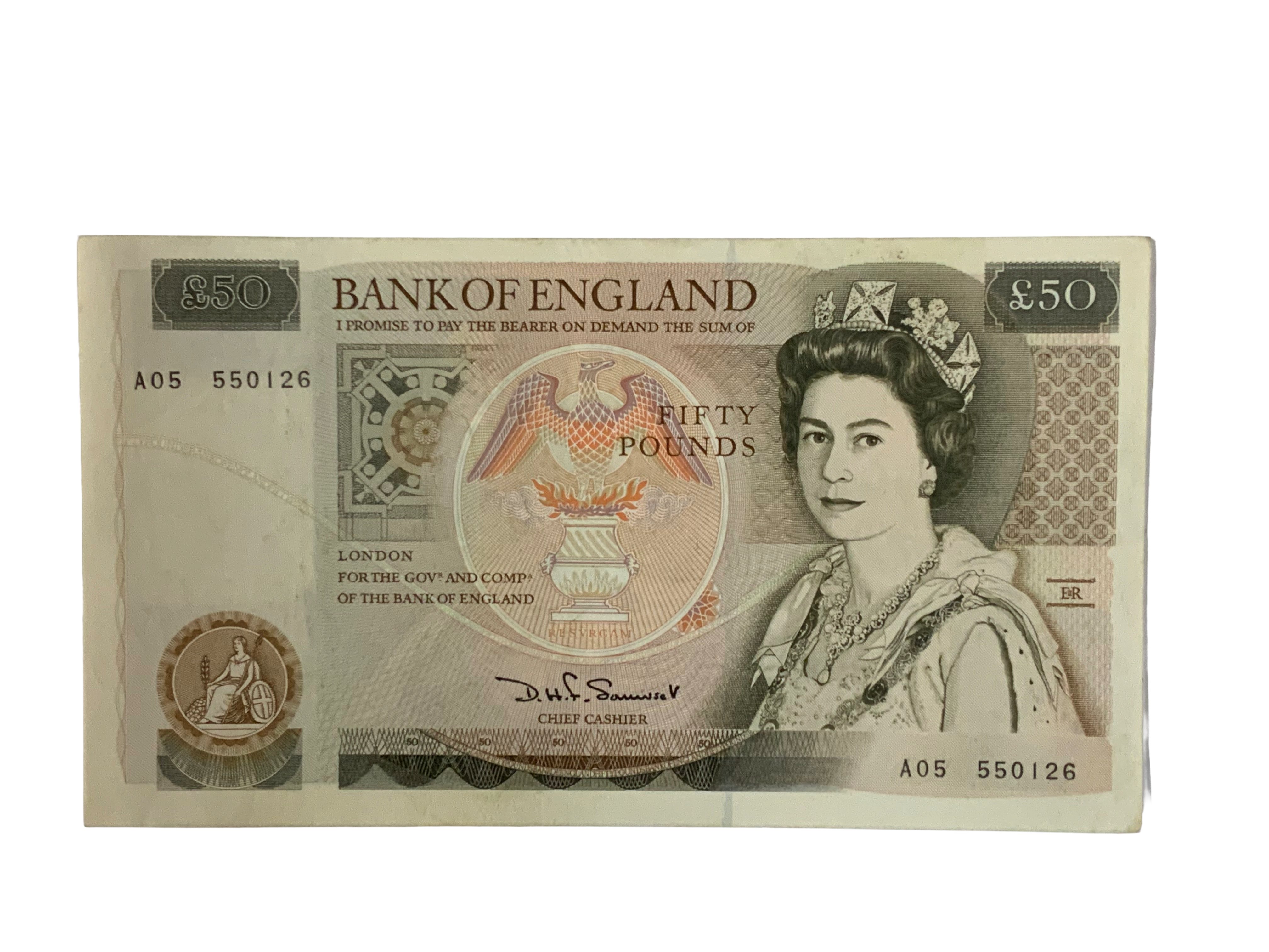 1981-1996 Bank of England issue 50 Pound Note,Orange Christopher Wren, D.H F Somerset, Uncirculated near mint, A05 550126. (A)