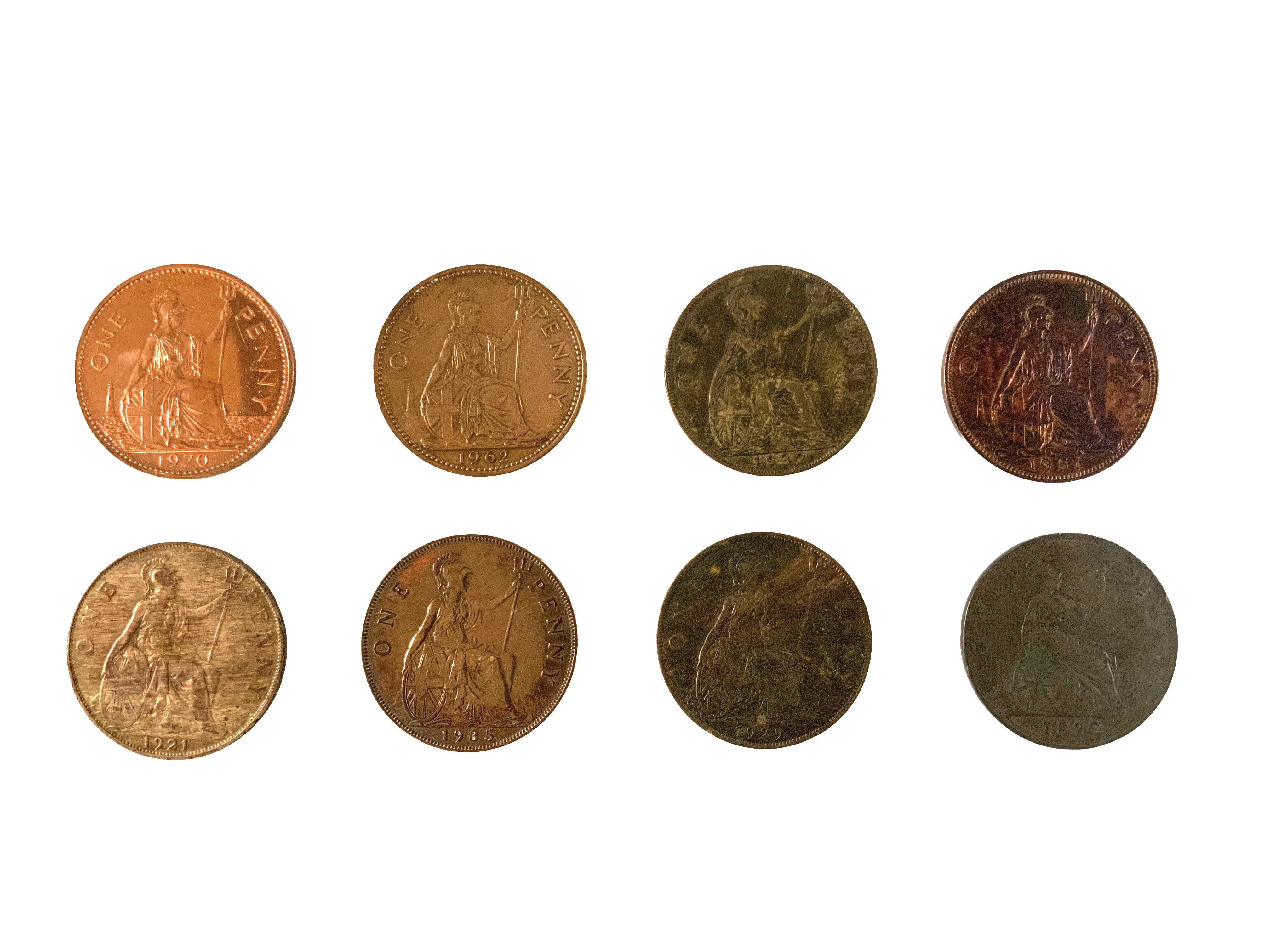 A small collection of British pennies to with good examples and toning. 1890, 1921, 1929, 1932, 1935, 1951, 1962, 1970.