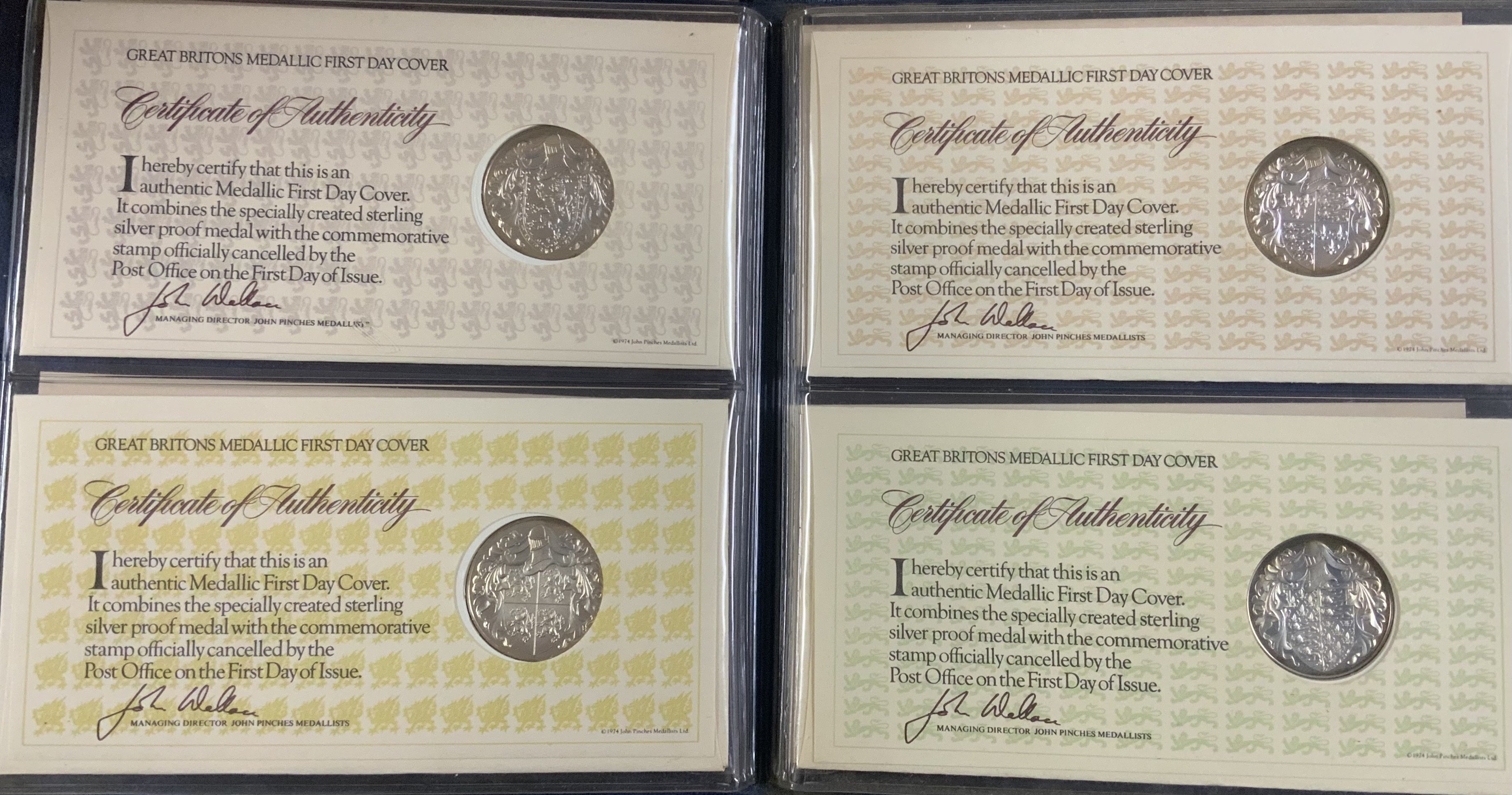 Great Britons 1st day covers inset with 4 sterling silver coins. (A)