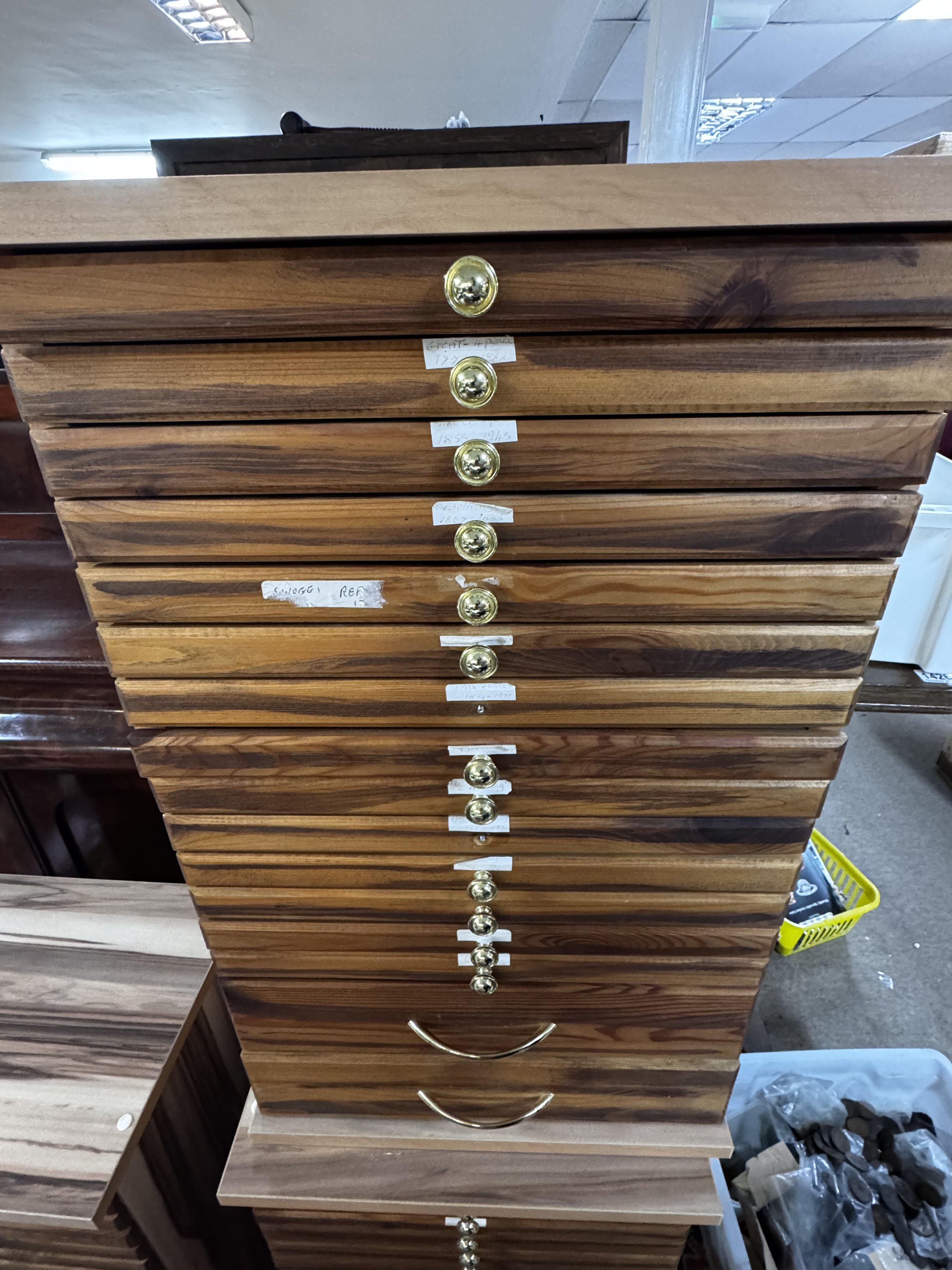 A large custom 16 drawer coin/ collectors chest and various coinage. 67cm x 40cm x 30cm