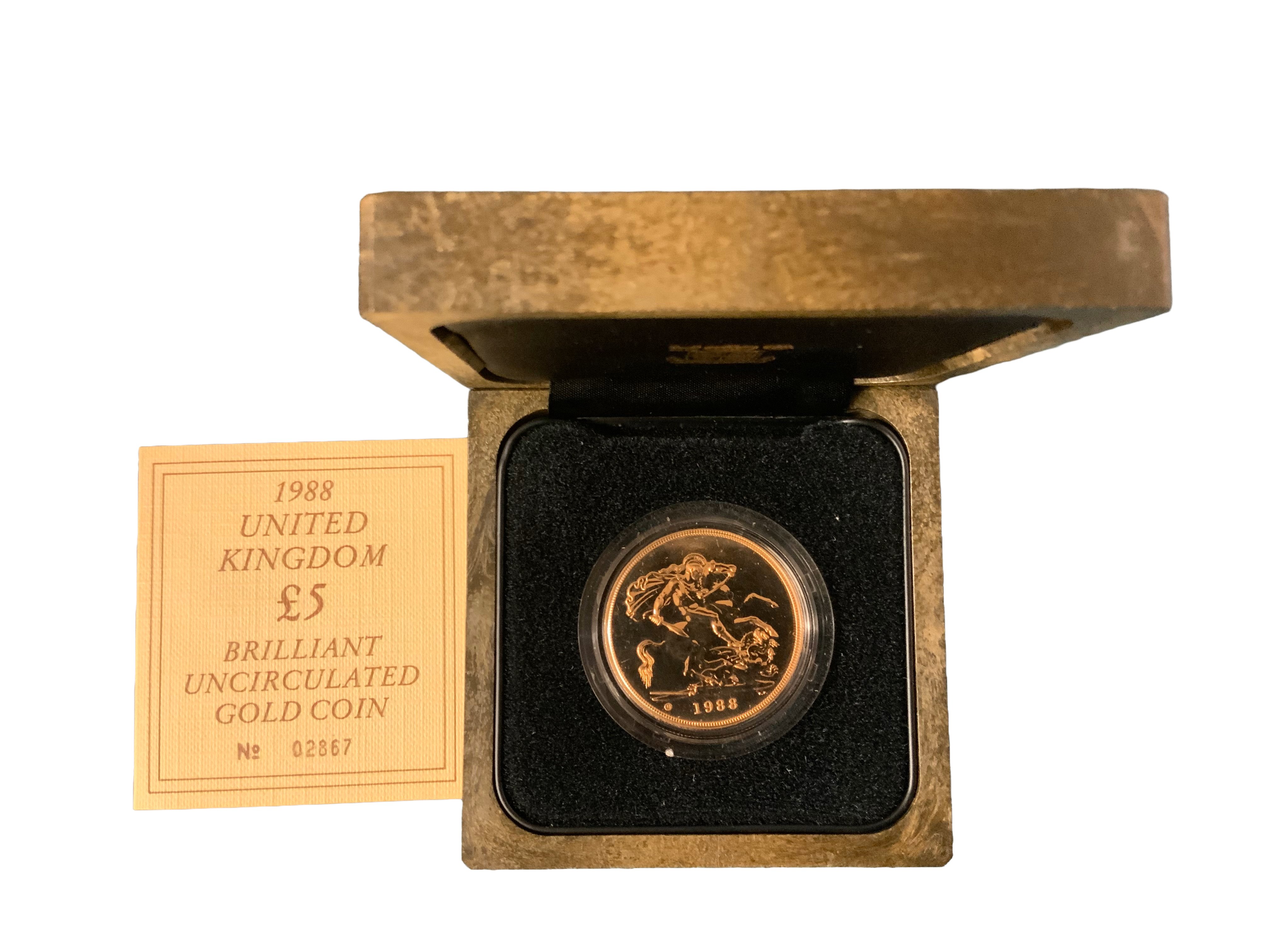 1988 Gold 5 pound Coin Brilliant Uncirculated Boxed. No.02867