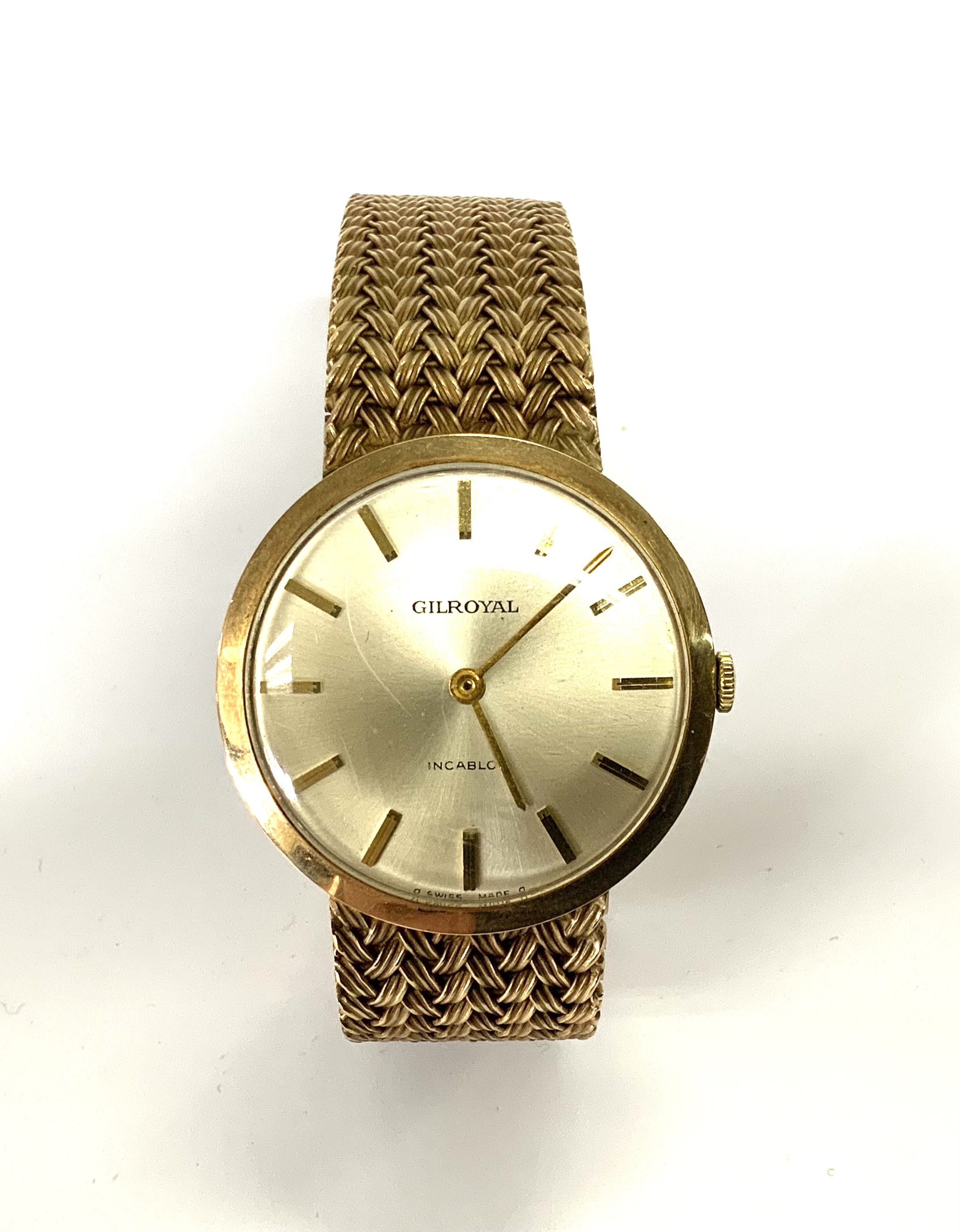 A Gents Gilroyal 9ct gold wristwatch, the woven strap in good order, Full working order. Total weight. 59.9g