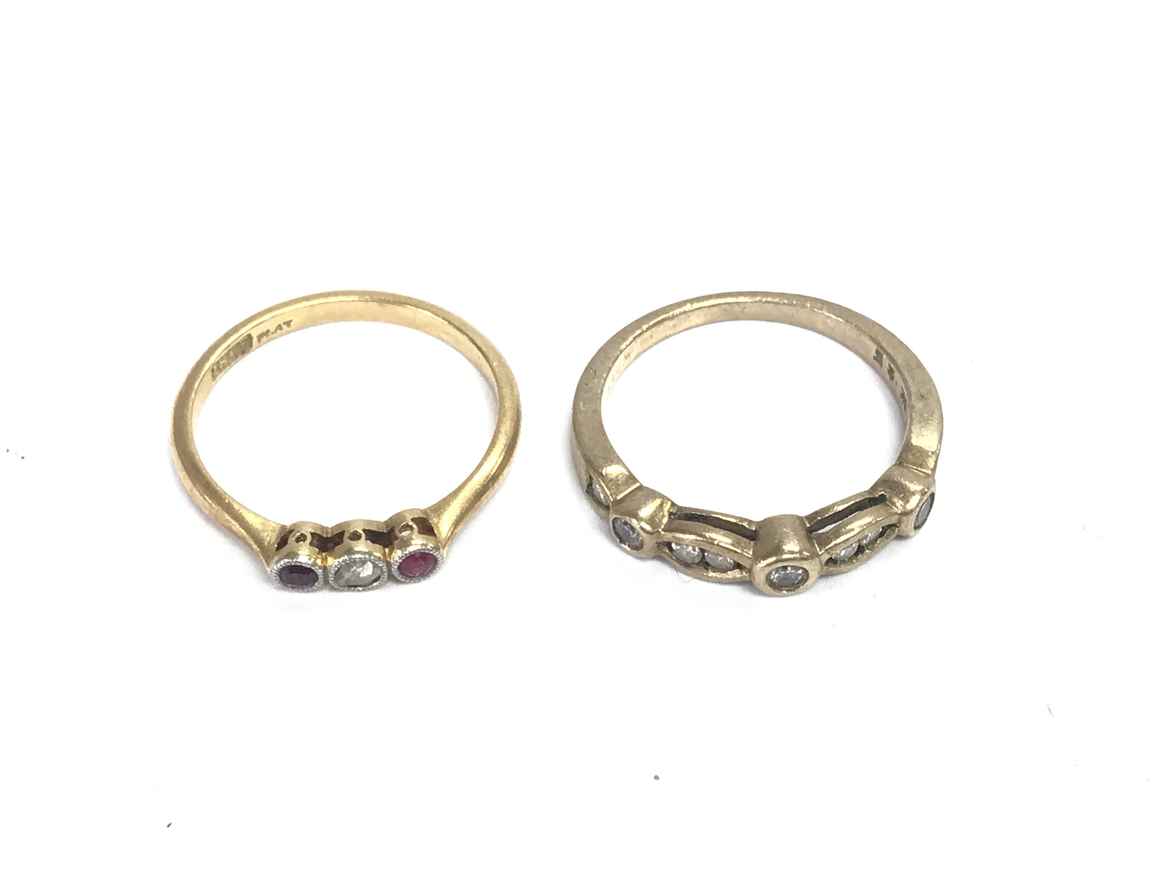 An 18ct gold ring size M 1/2 and 2.19g and a 9ct ring size M 1/2 and 2.53g. Postage A