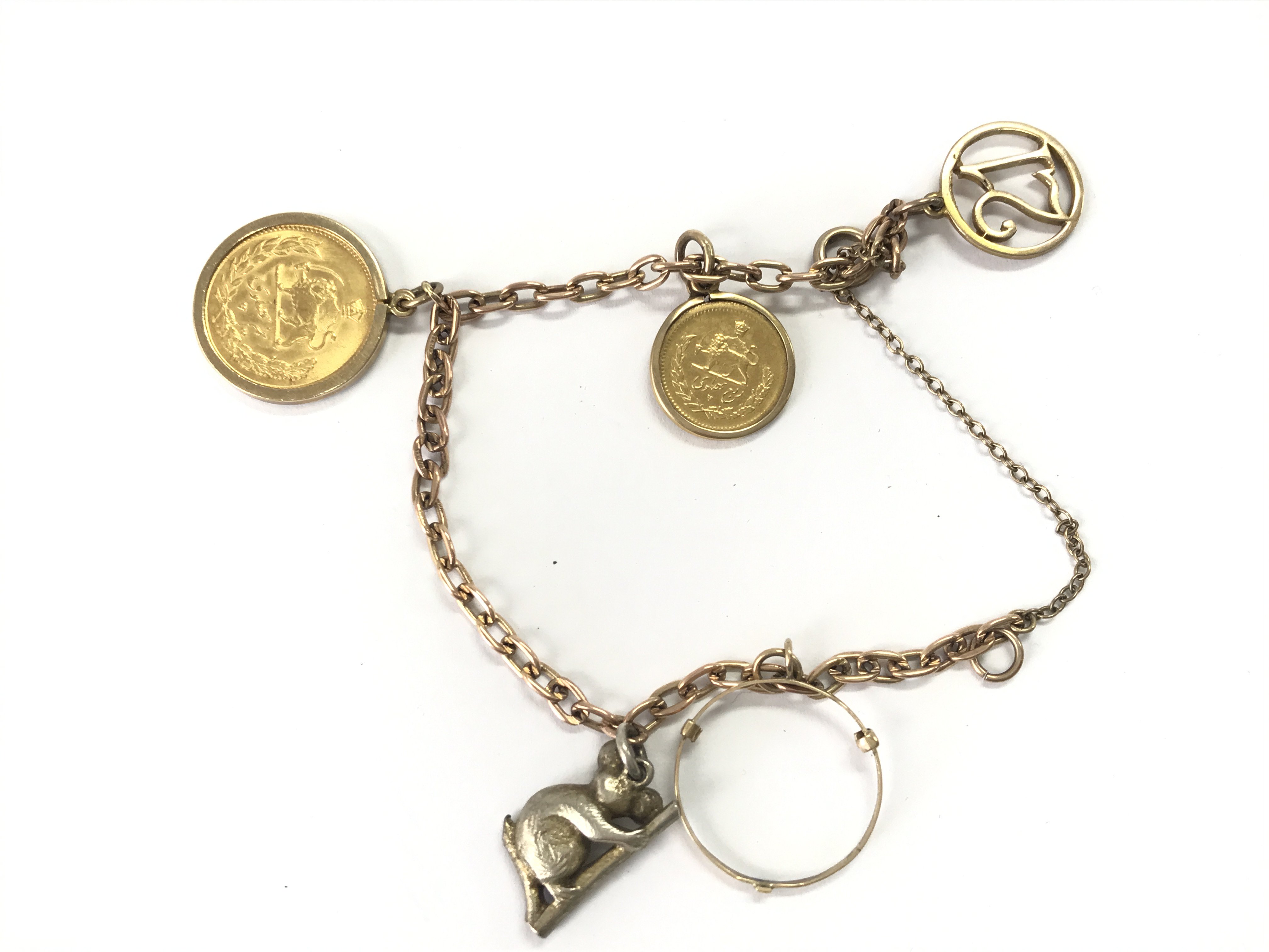 A 9ct gold charm bracelet with assorted charms and two Iranian gold coins. Approximately 18.35g Postage A