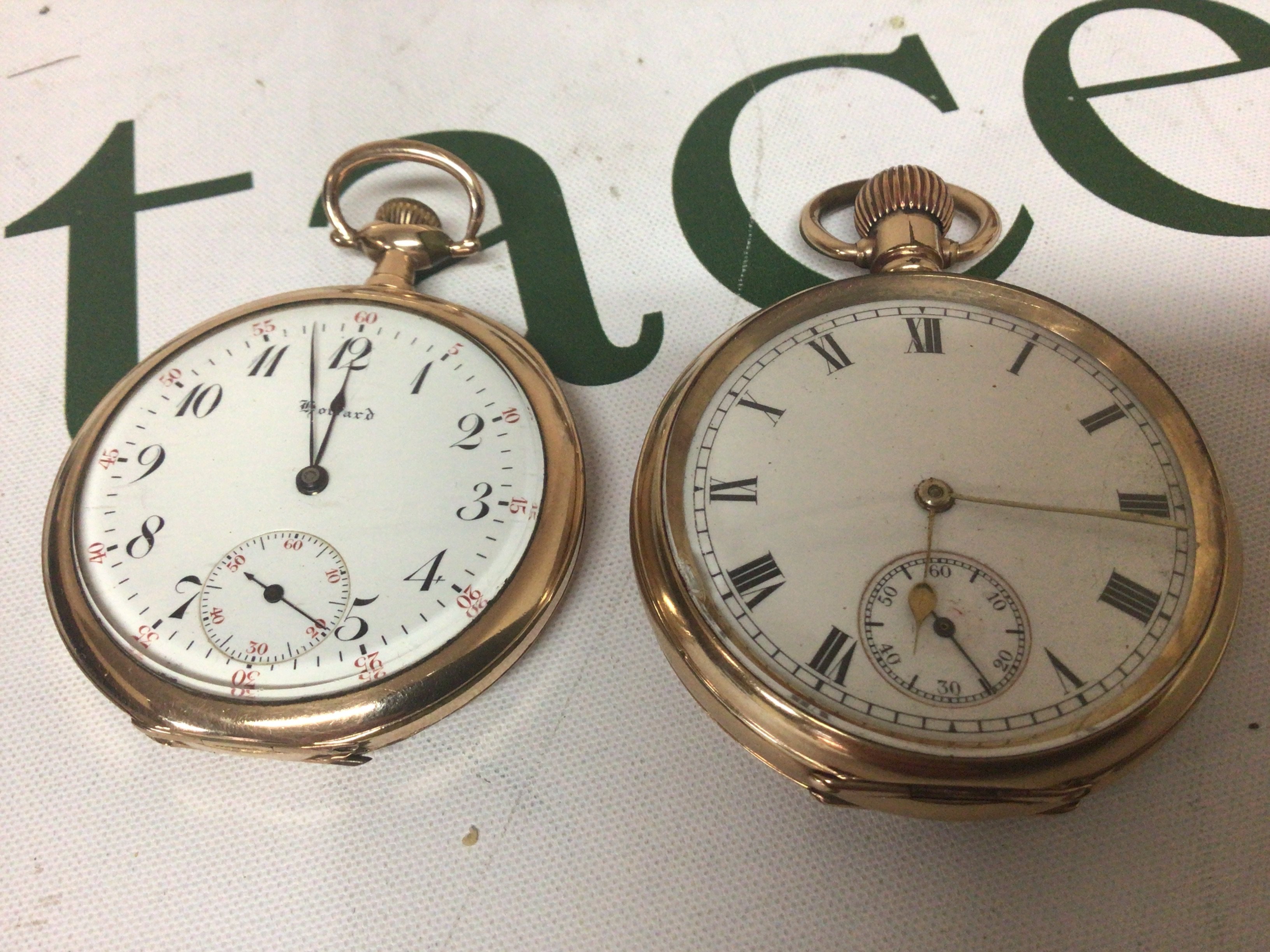Two gold plated pocket watches button wind. E Howard Watch Co Boston seen working the other not working both with personalised inscriptions. (2)