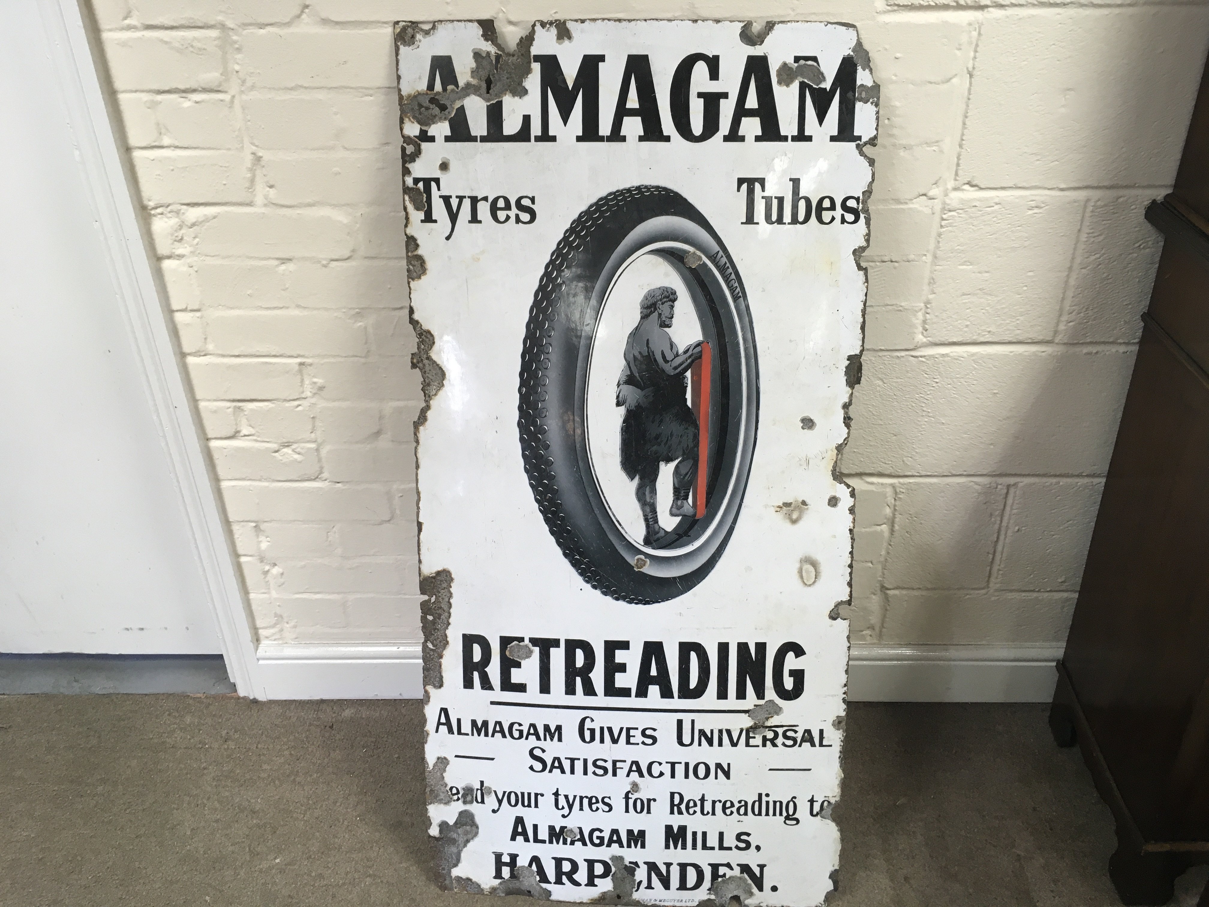 Almagam tyres and tubes enamel sign 24 x 48 inches approximately