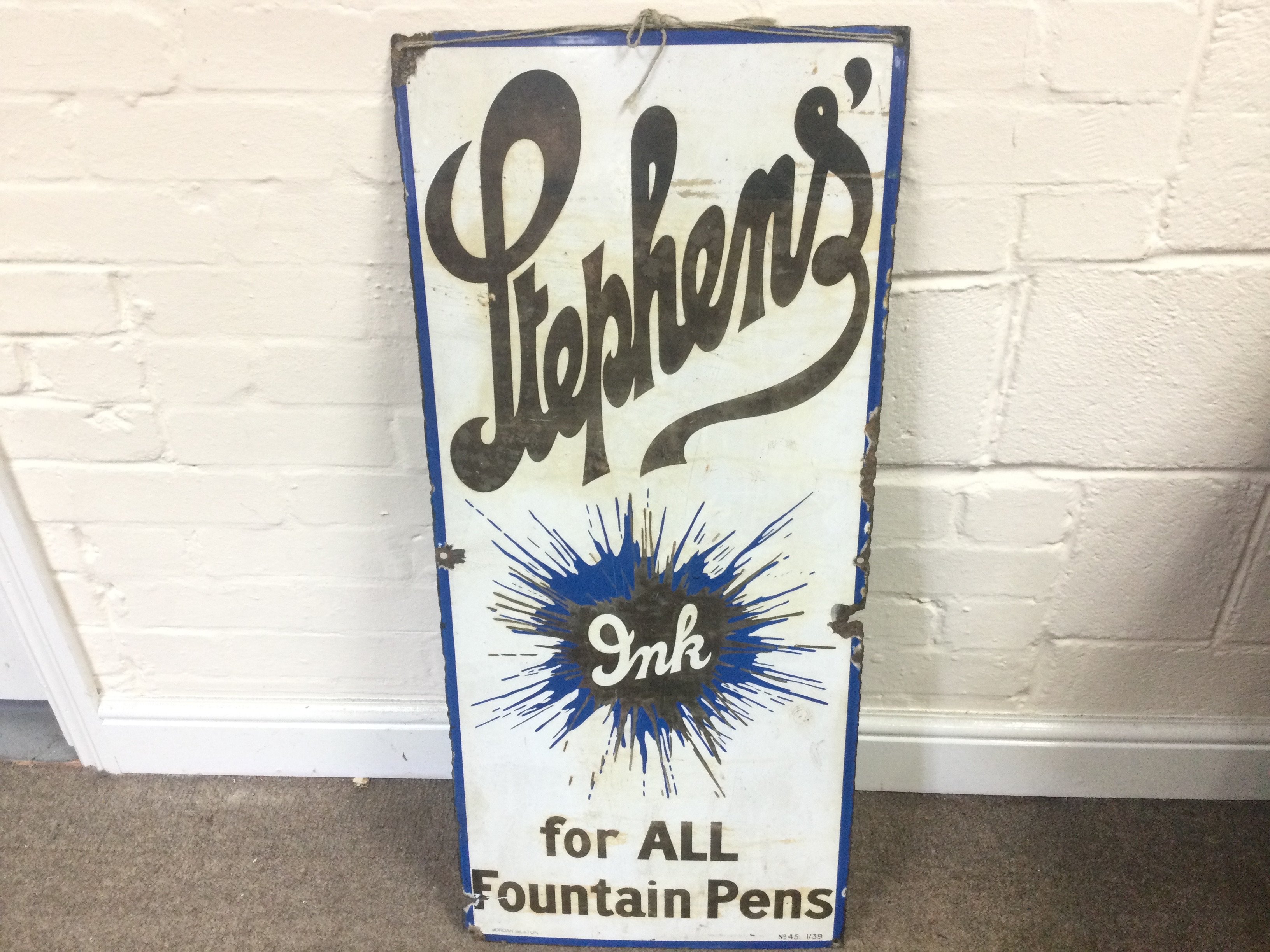 vintage enamel sign advertising Stephens Inks - For ALL Fountain Pens 16 x 36 inches approximately