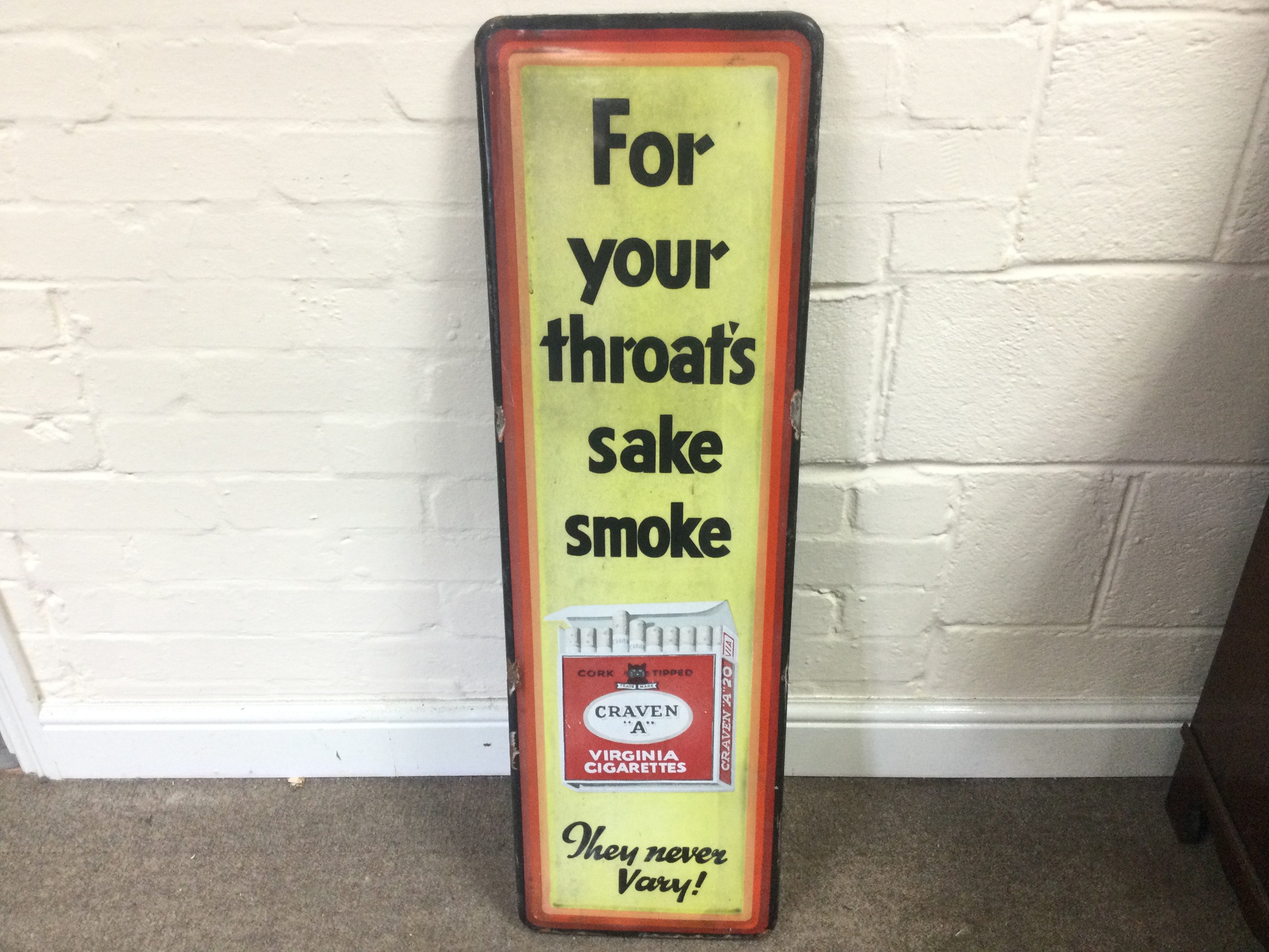 enamel sign, For your throat's sake smoke Craven A, They never Vary 11.5 x 37 inches approximately