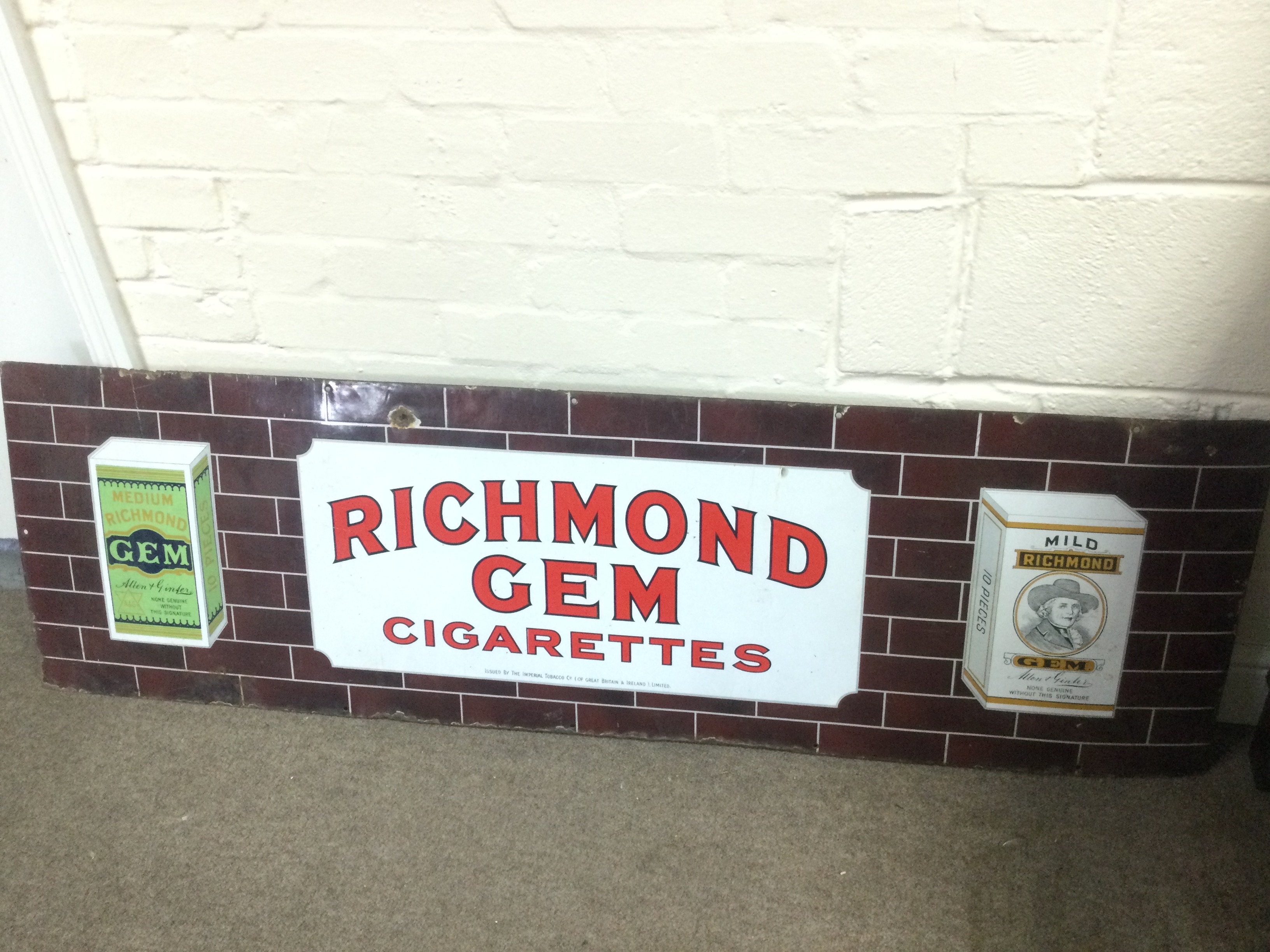 RICHMOND GEM CIGARETTES Enamel Sign Advertising 18 x 60 approximately