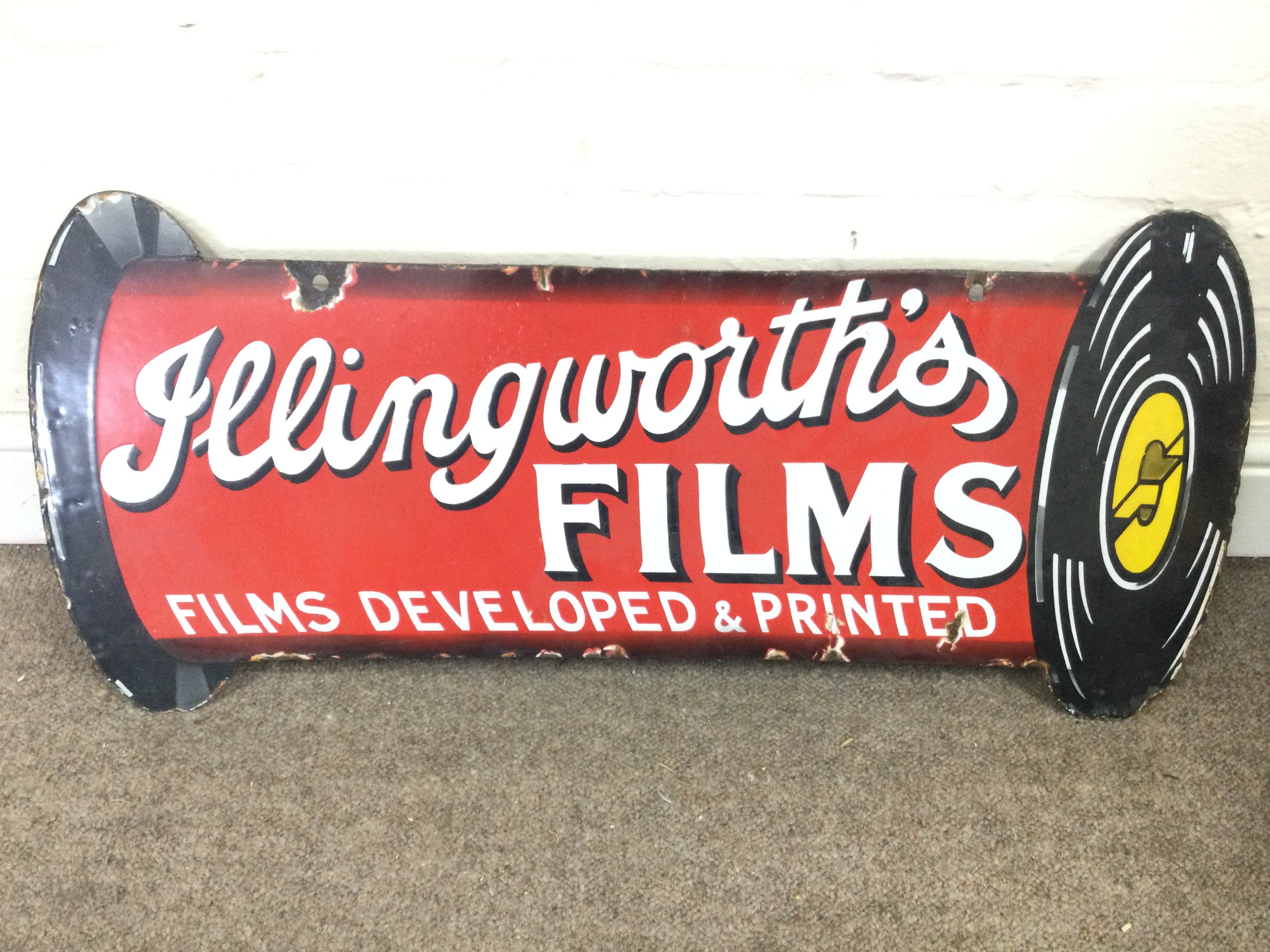 Jeeingworths films double sided advertising sign. 13 x 30 inches approximately