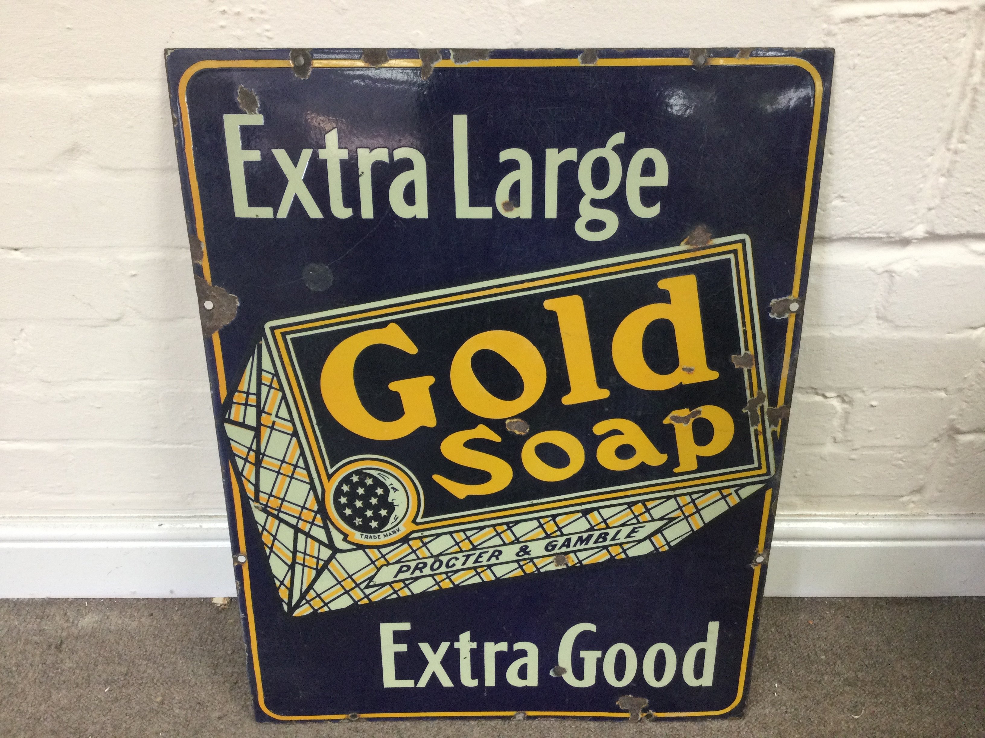 Gold soap enamel advertising sign. 20 x 26 inches