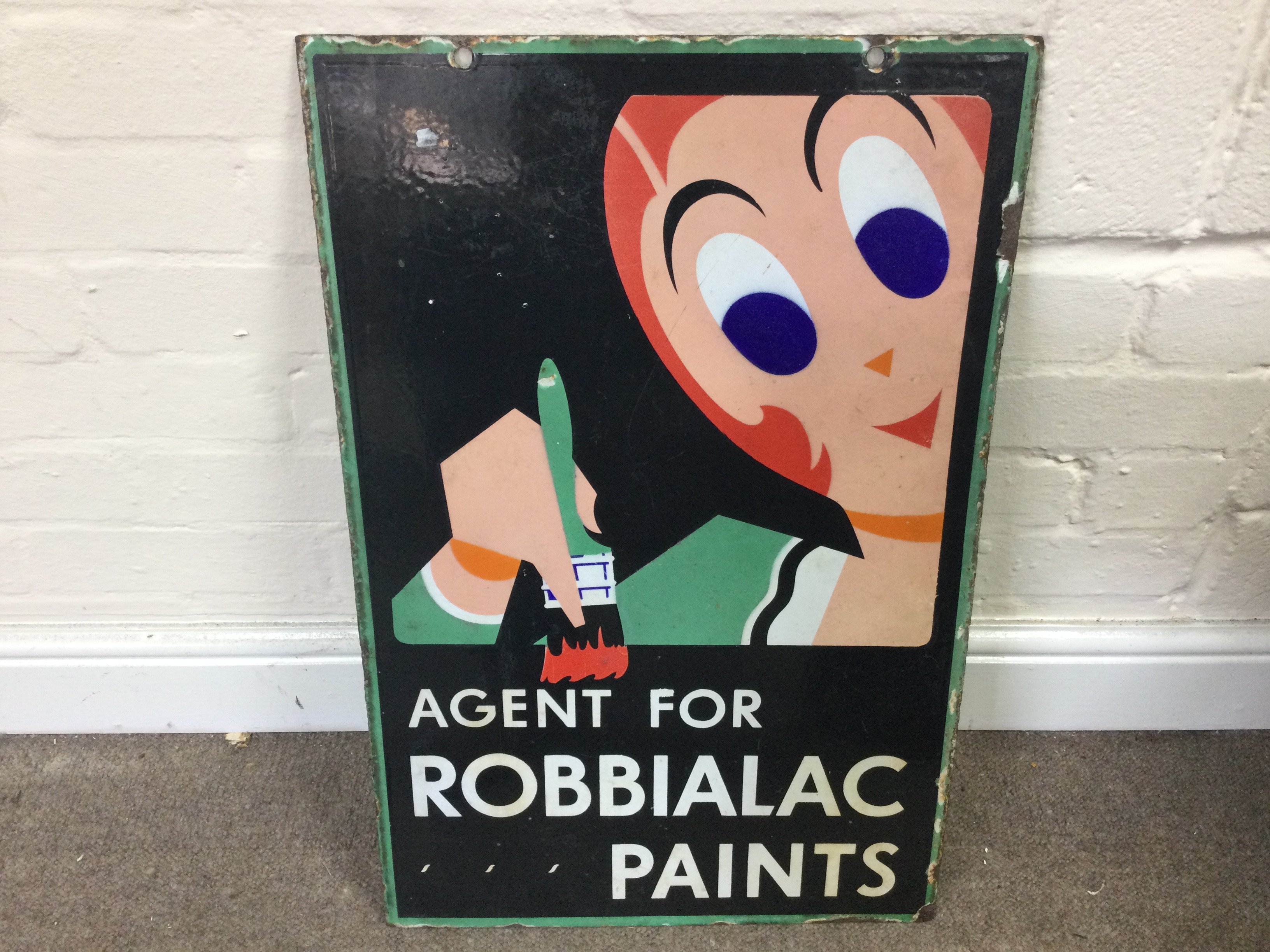 ENAMEL ADVERTISING SIGN - ROBBIALAC PAINTS. A double sided enamel 16 x 25 inches