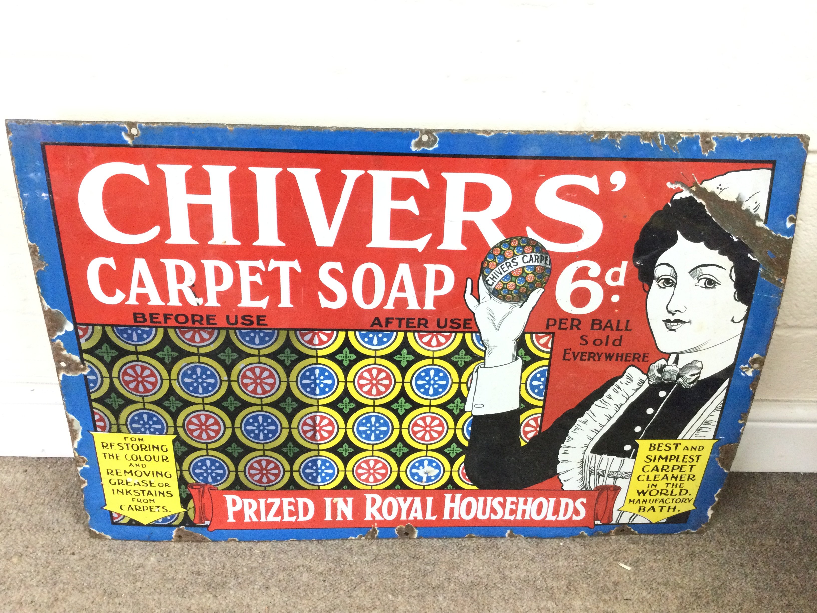enamel advertising sign, for Chivers carpet soap 30 x 20 inches approximately