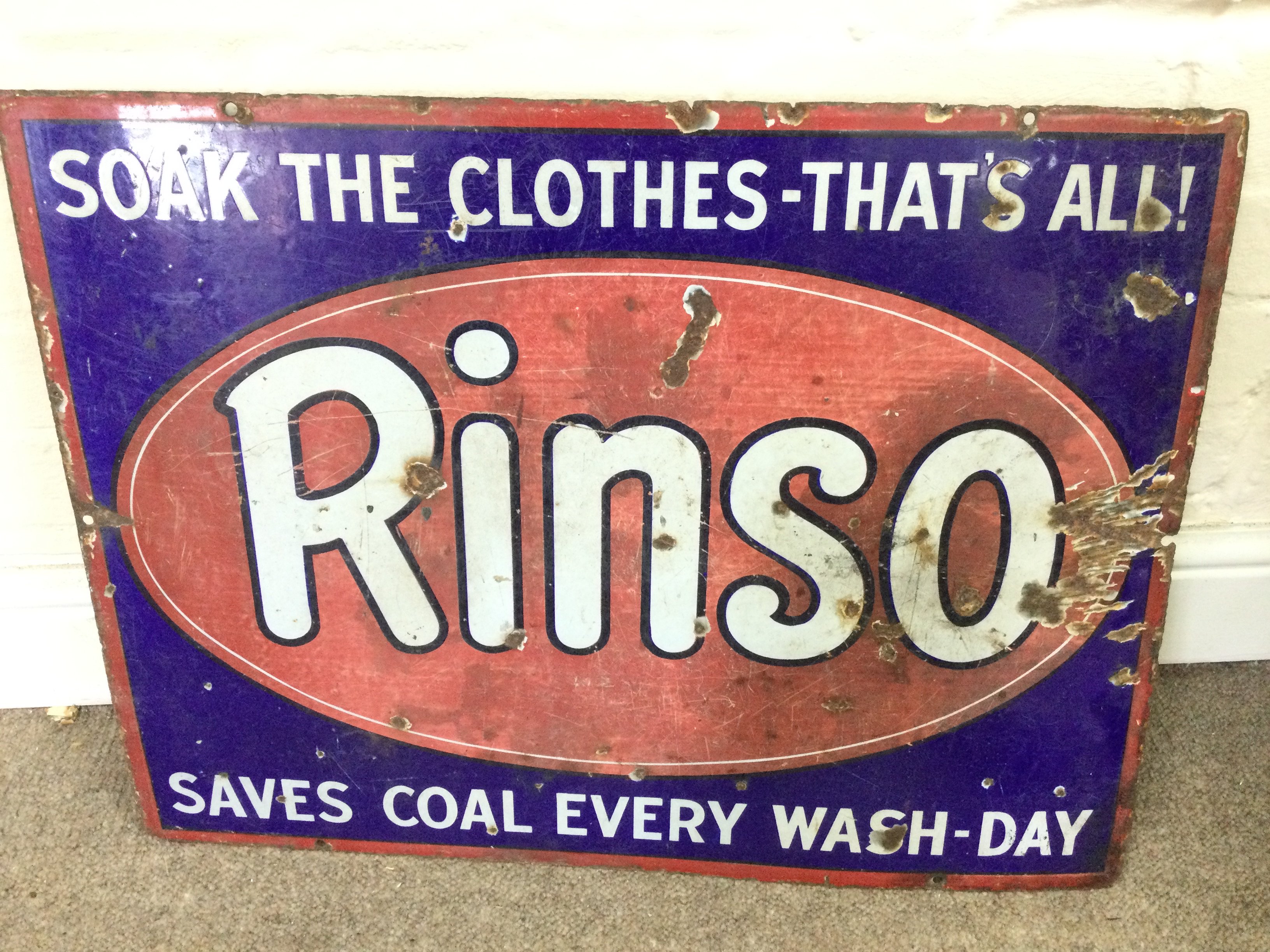 RINSO Saves Coal Every Wash Day Steel Enamel Advertising Sign 24 x 18 inches approximately